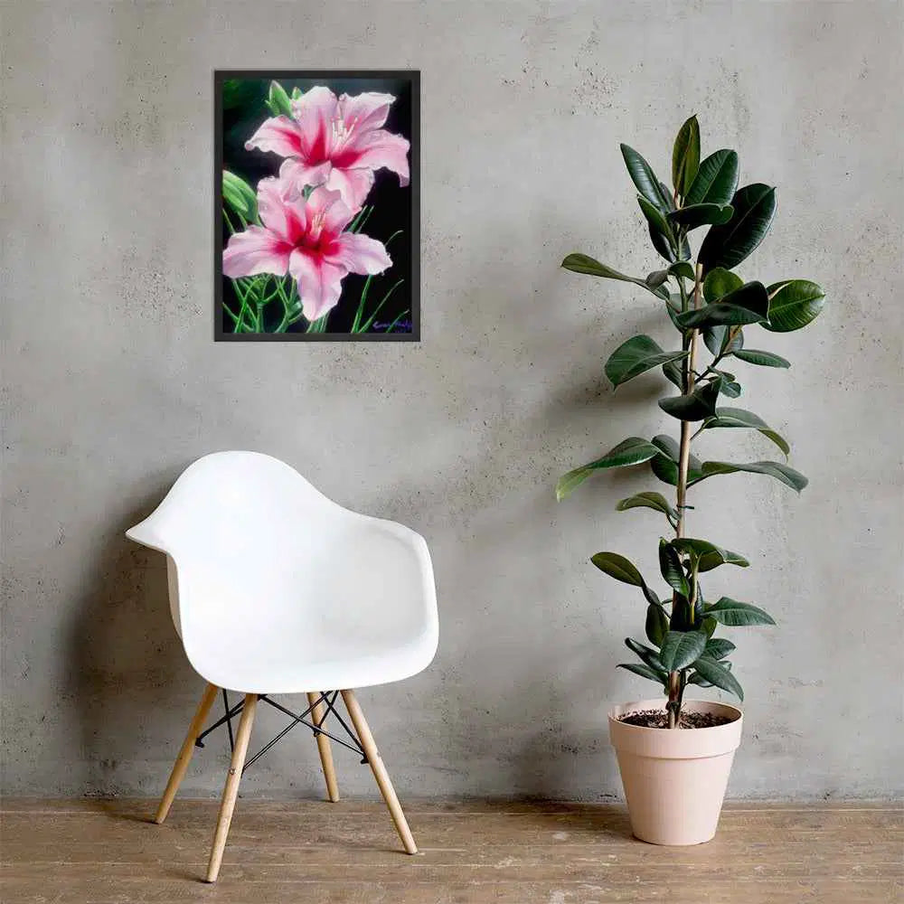 Framed Print - Desire - Pink Lily Floral Realism on Black
