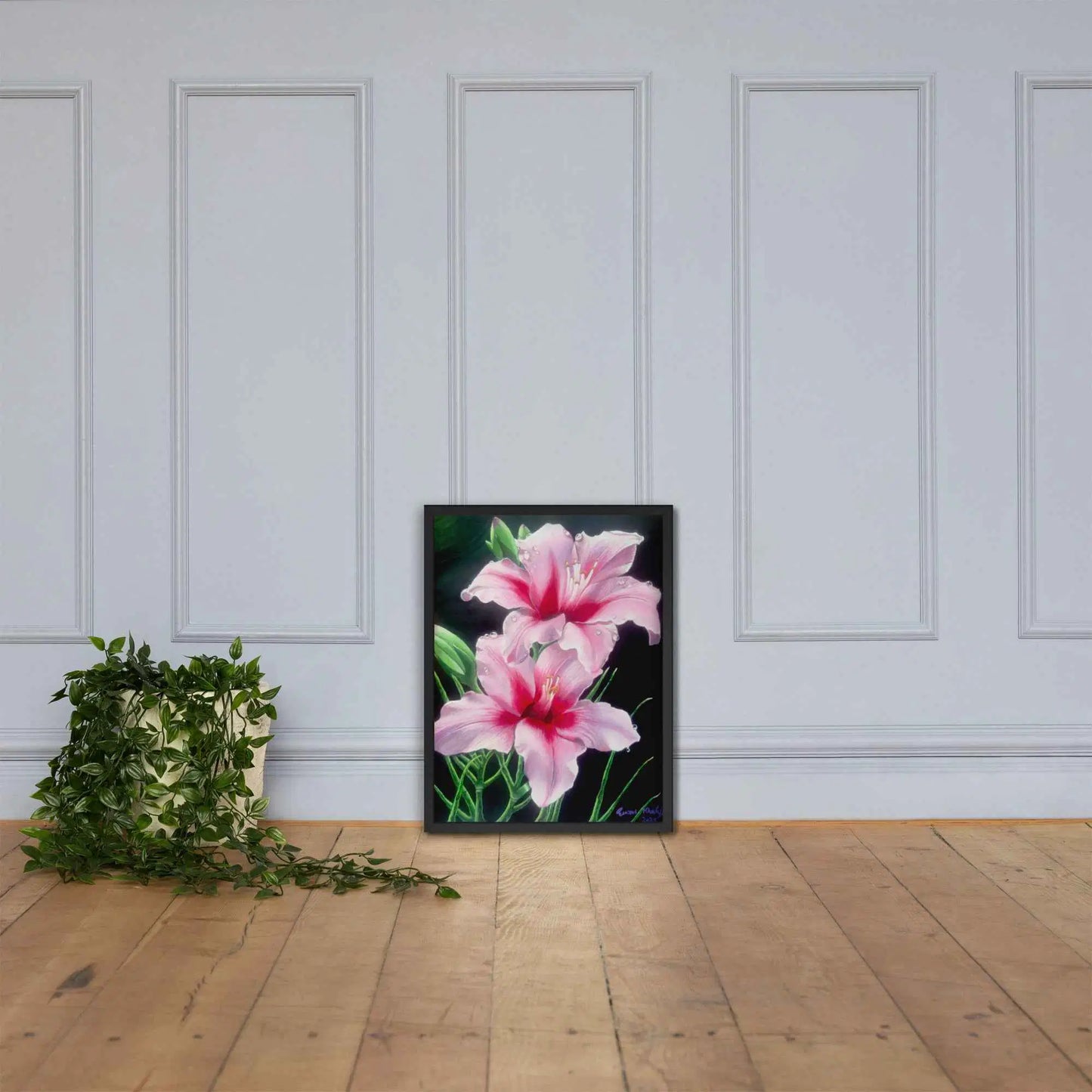 Framed Print - Desire - Pink Lily Floral Realism on Black