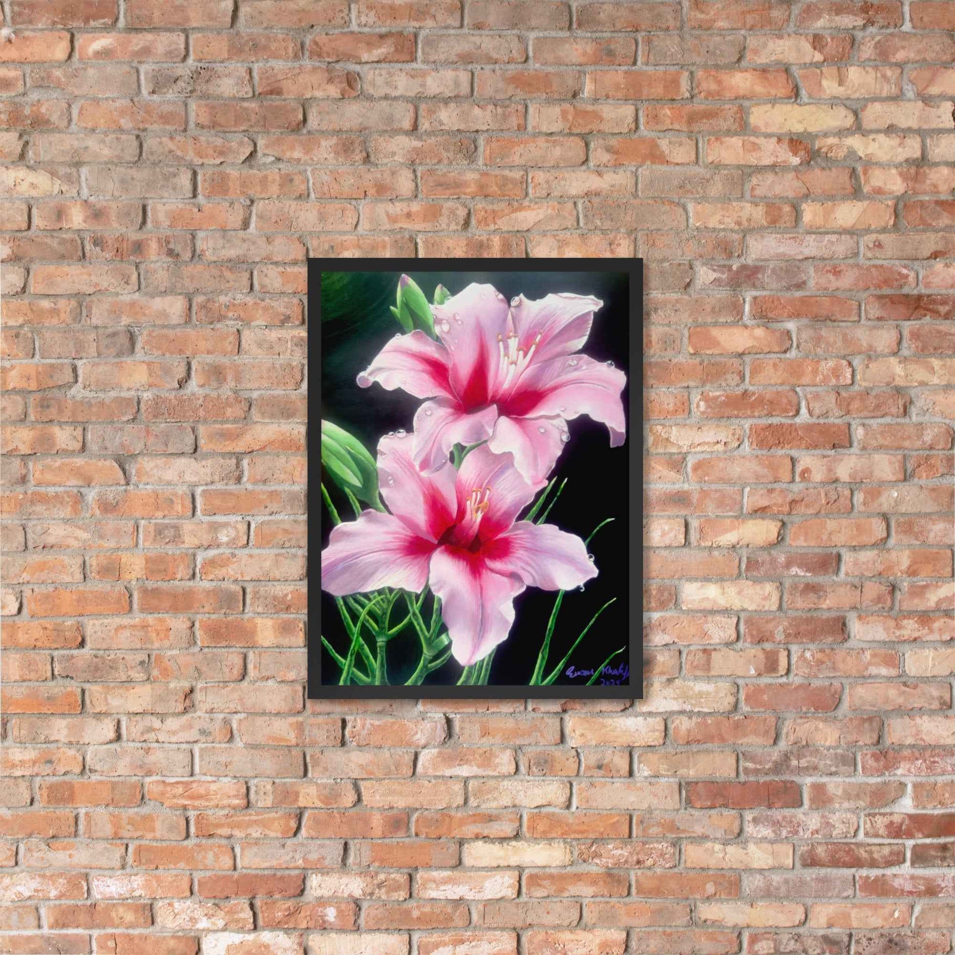 Framed Print - Desire - Pink Lily Floral Realism on Black