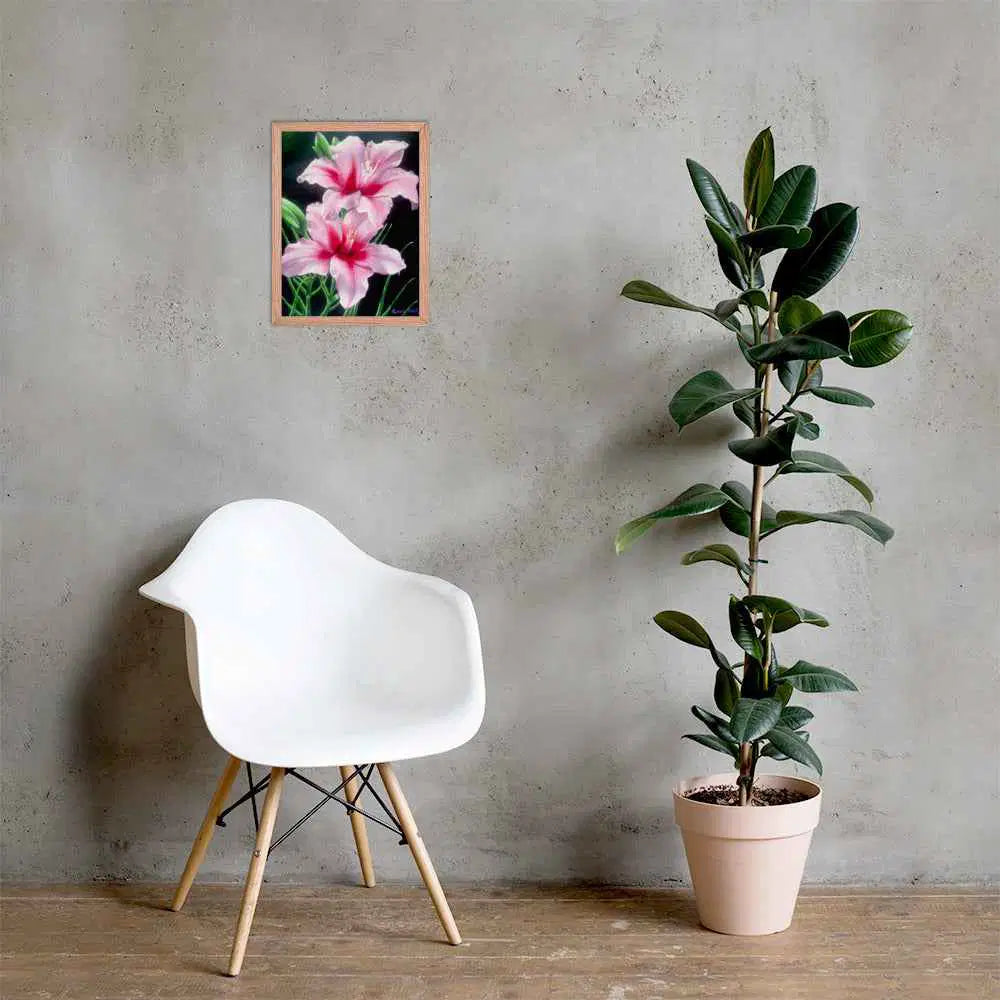 Framed Print - Desire - Pink Lily Floral Realism on Black