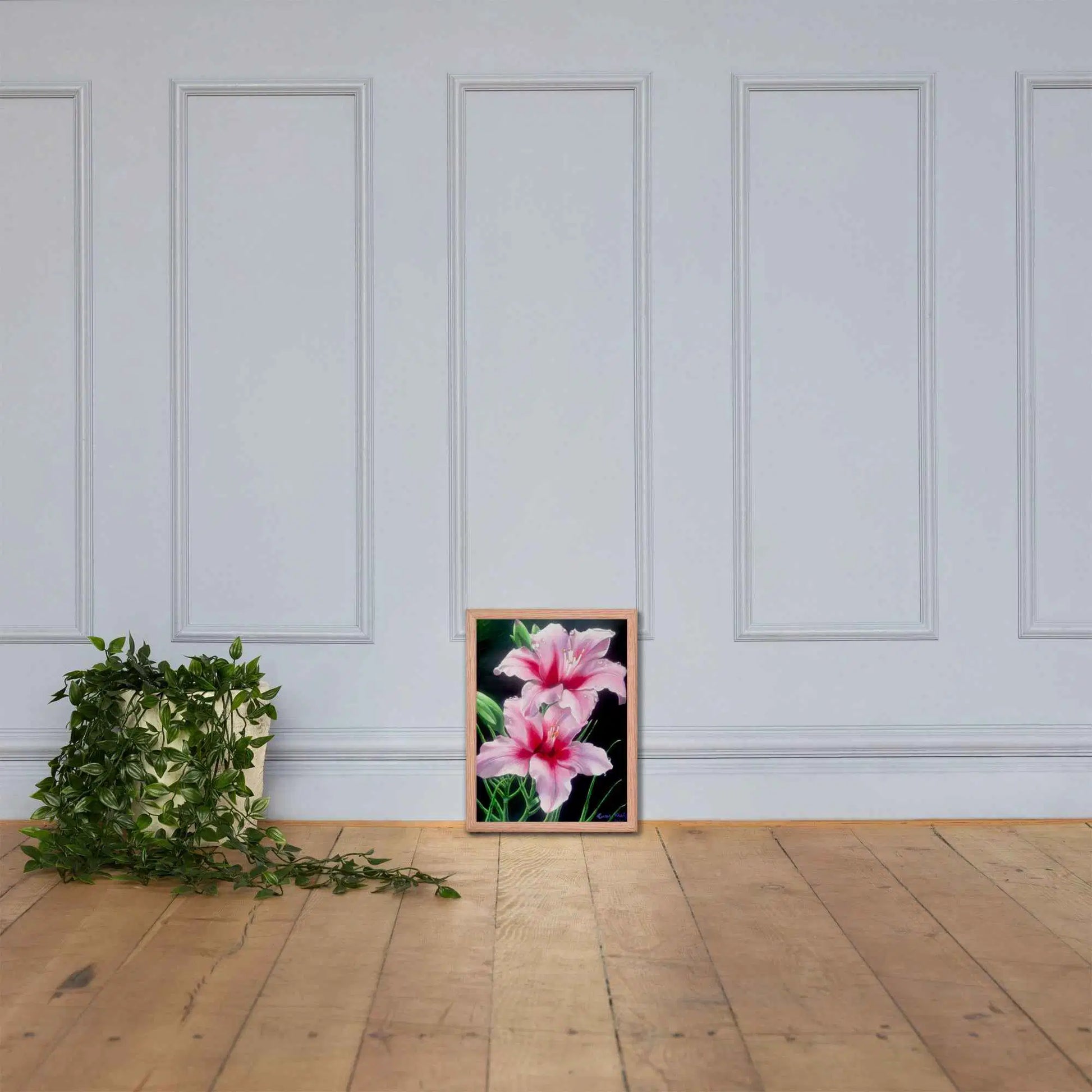 Framed Print - Desire - Pink Lily Floral Realism on Black
