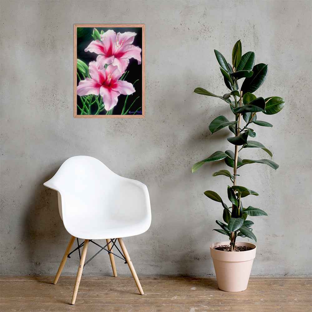 Framed Print - Desire - Pink Lily Floral Realism on Black
