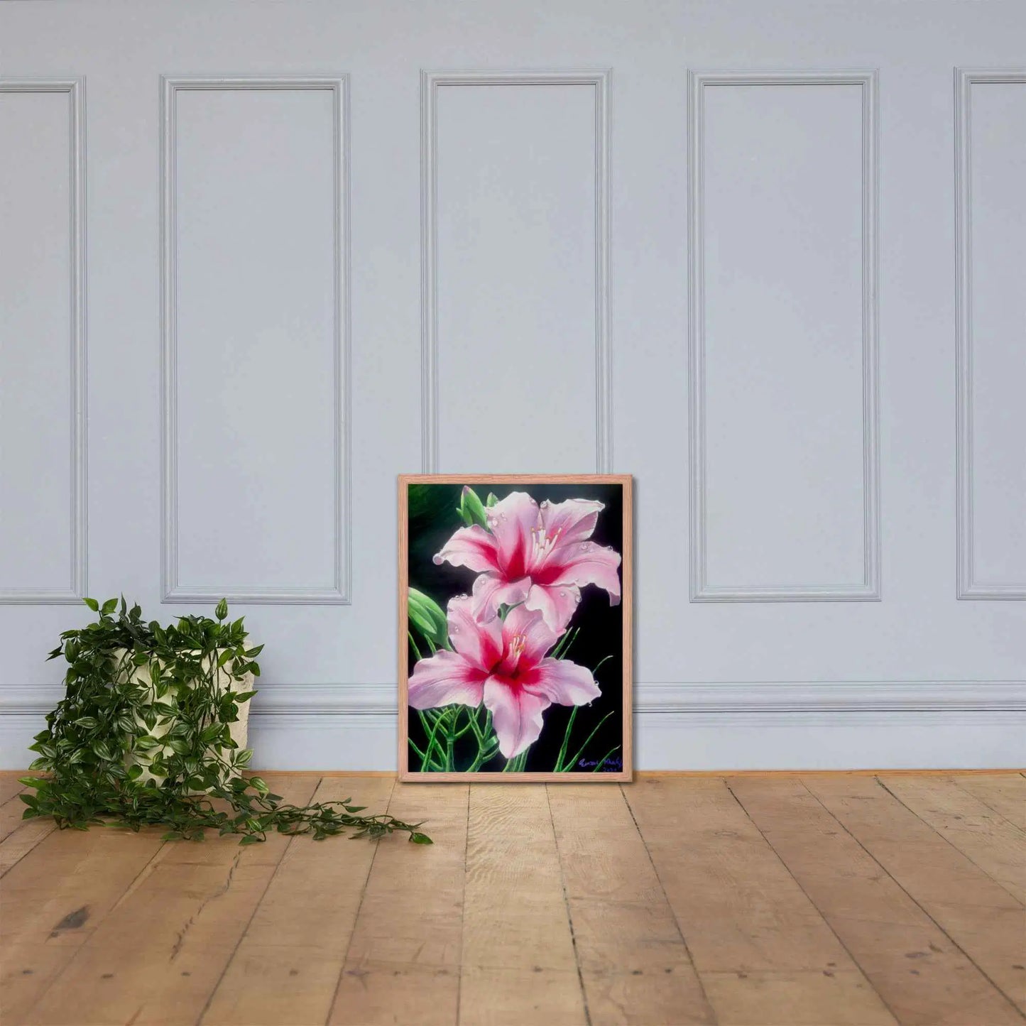 Framed Print - Desire - Pink Lily Floral Realism on Black