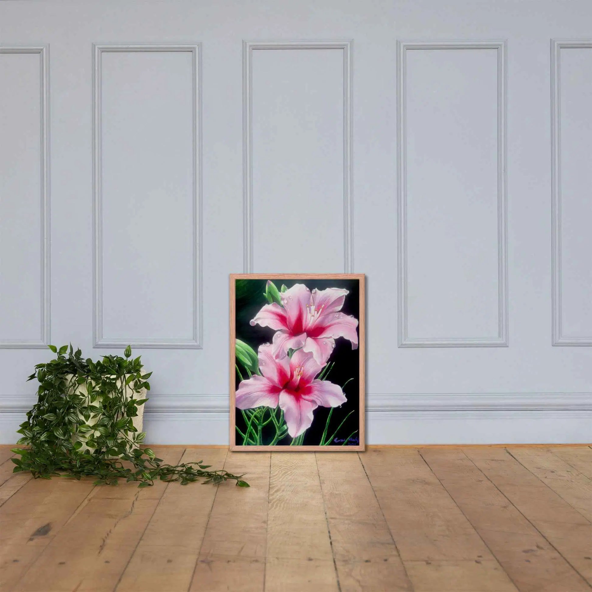 Framed Print - Desire - Pink Lily Floral Realism on Black