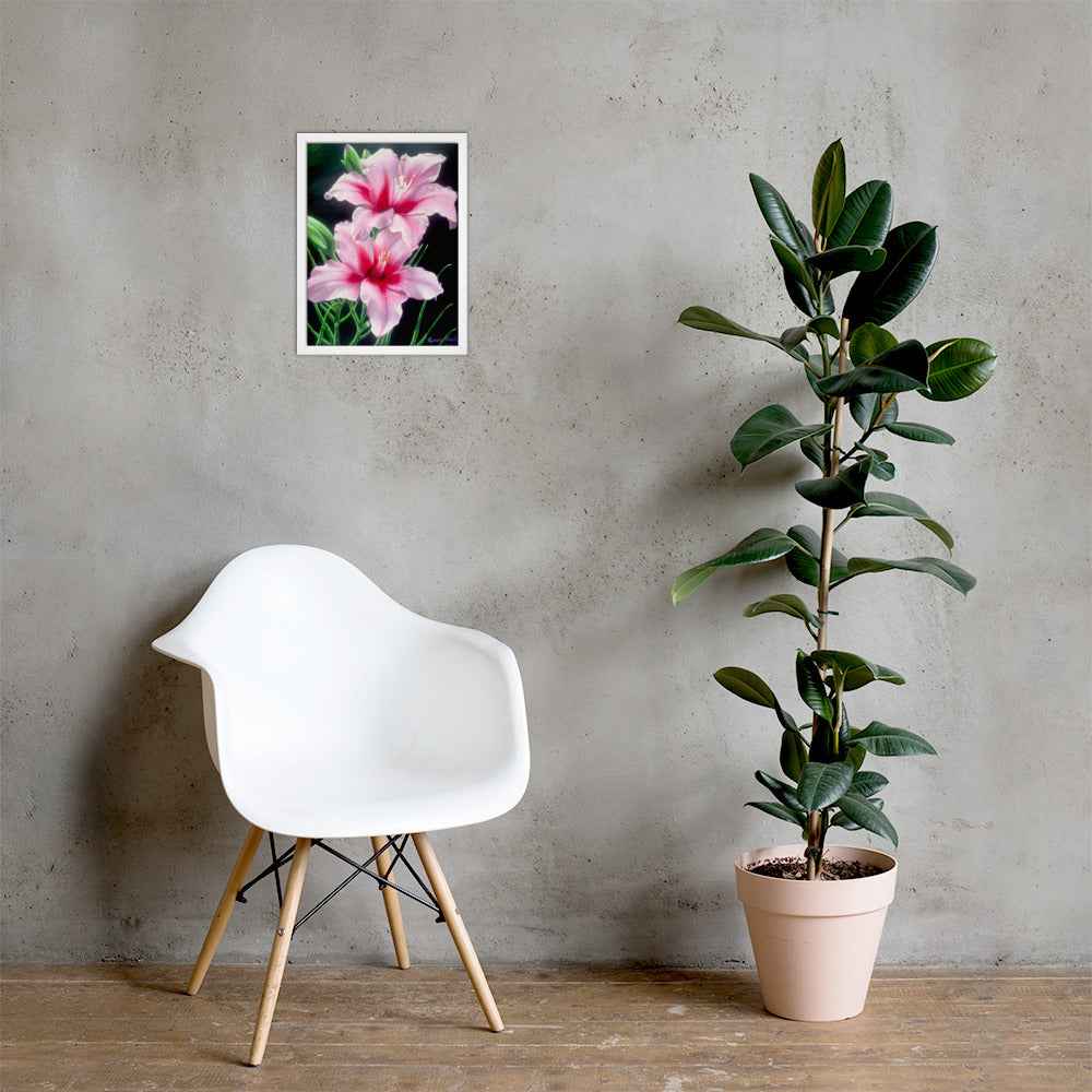 Framed Print - Desire - Pink Lily Floral Realism on Black