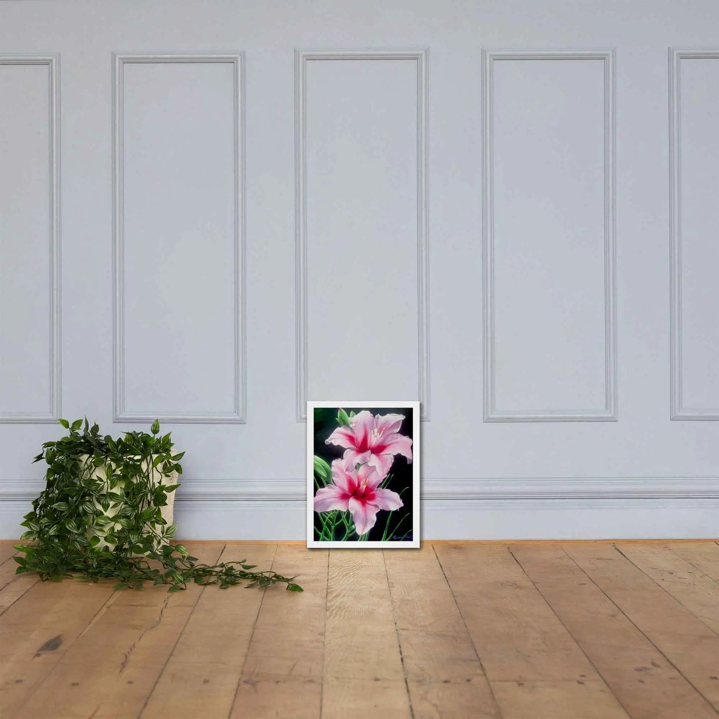 Framed Print - Desire - Pink Lily Floral Realism on Black