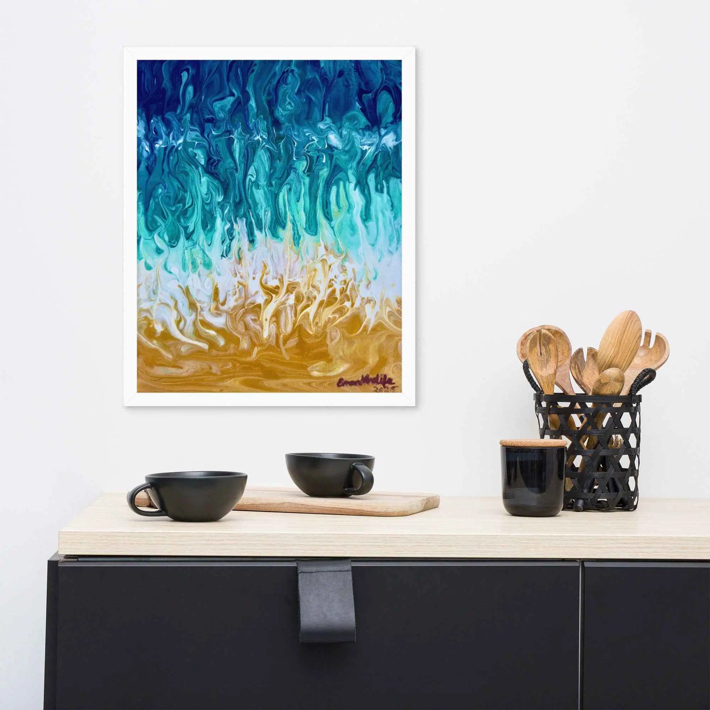 Framed Paper Print - Good Tidings - Fluid Blue Gold