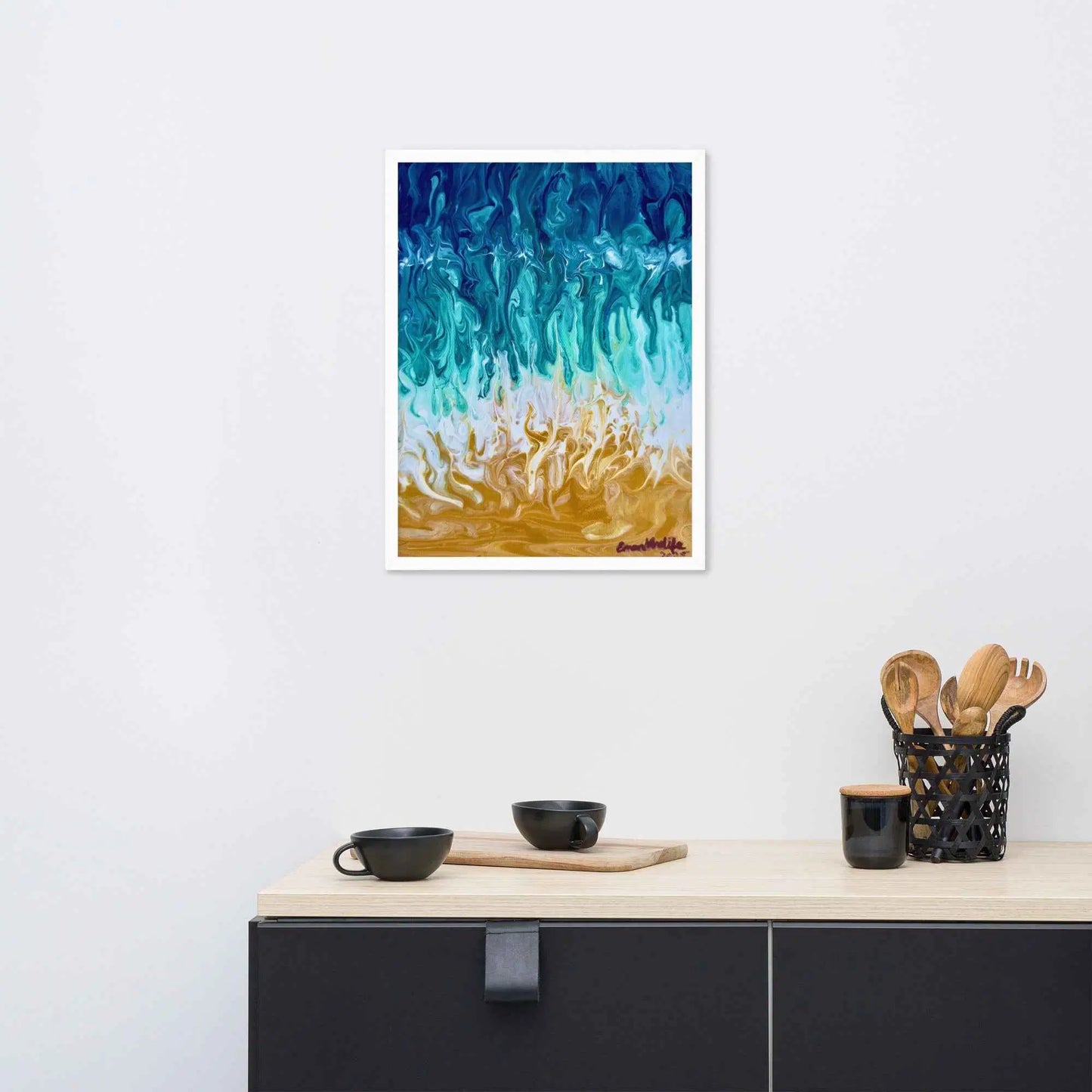 Framed Paper Print - Good Tidings - Fluid Blue Gold