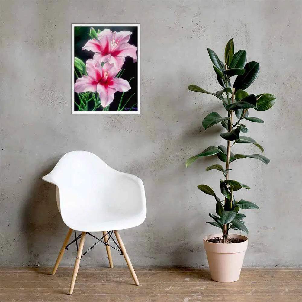 Framed Print - Desire - Pink Lily Floral Realism on Black