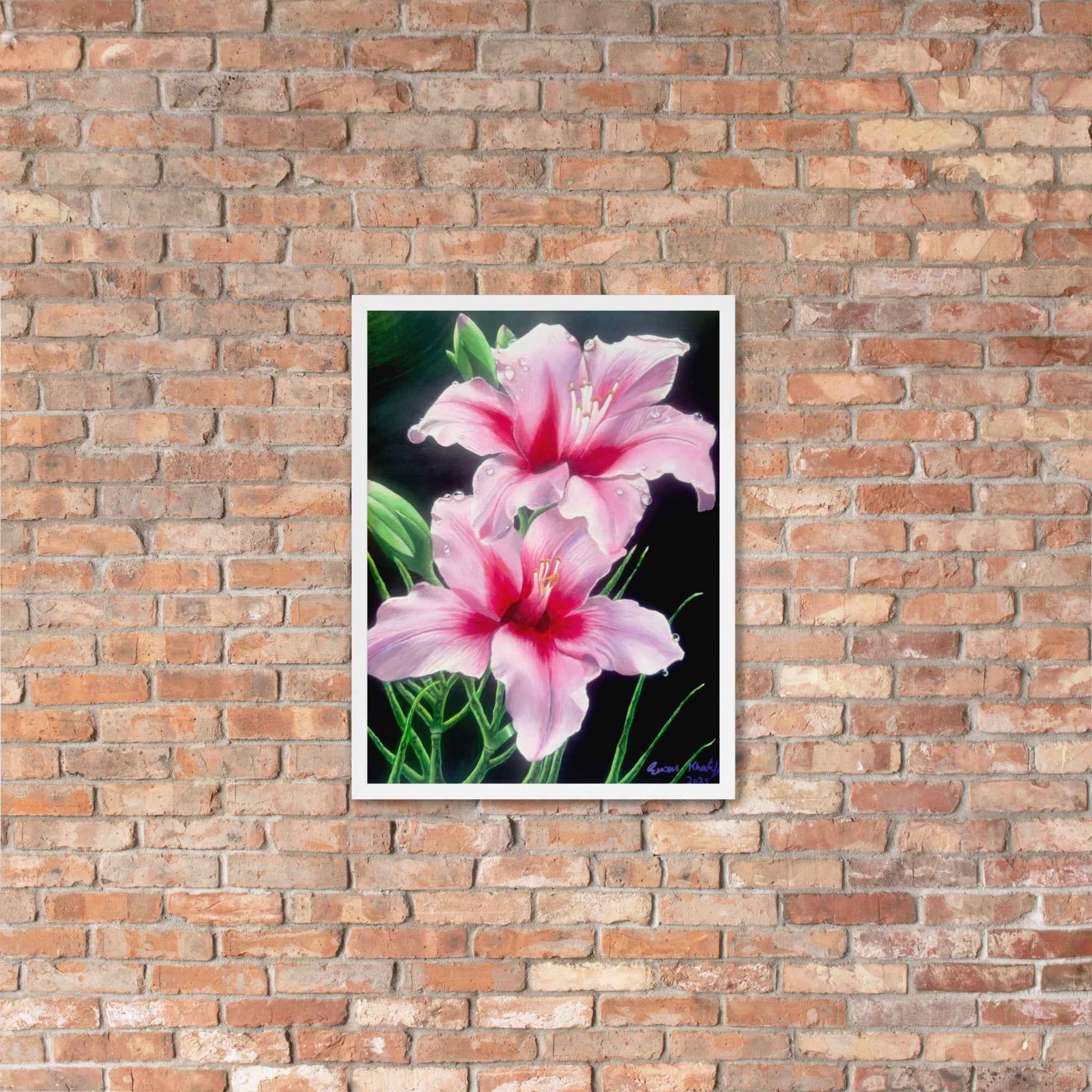 Framed Print - Desire - Pink Lily Floral Realism on Black
