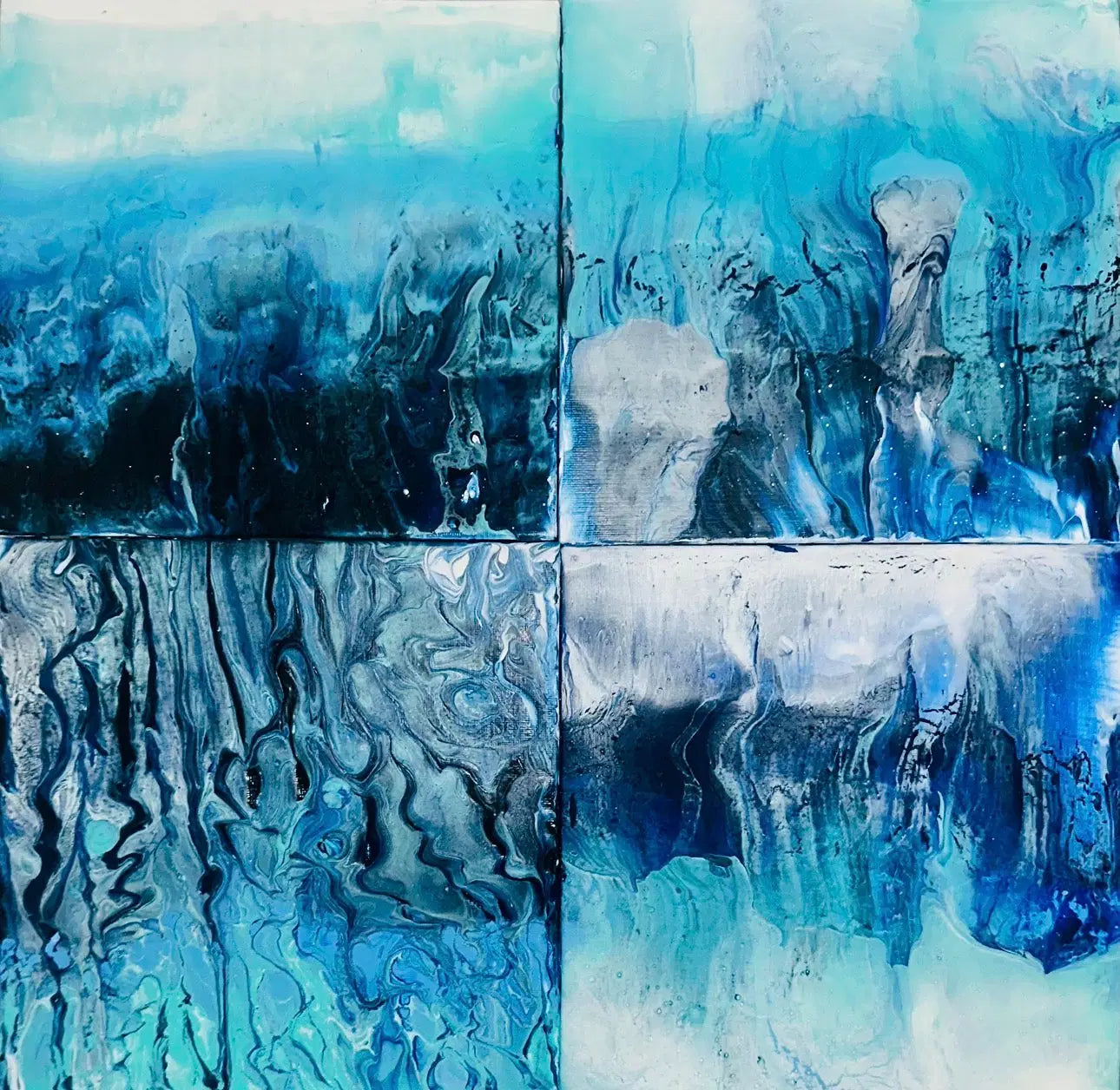 Abstract art piece with swirling blue and black patterns on a white background