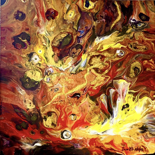 Abstract fire painting with swirling colors of red, gold, yellow and textures