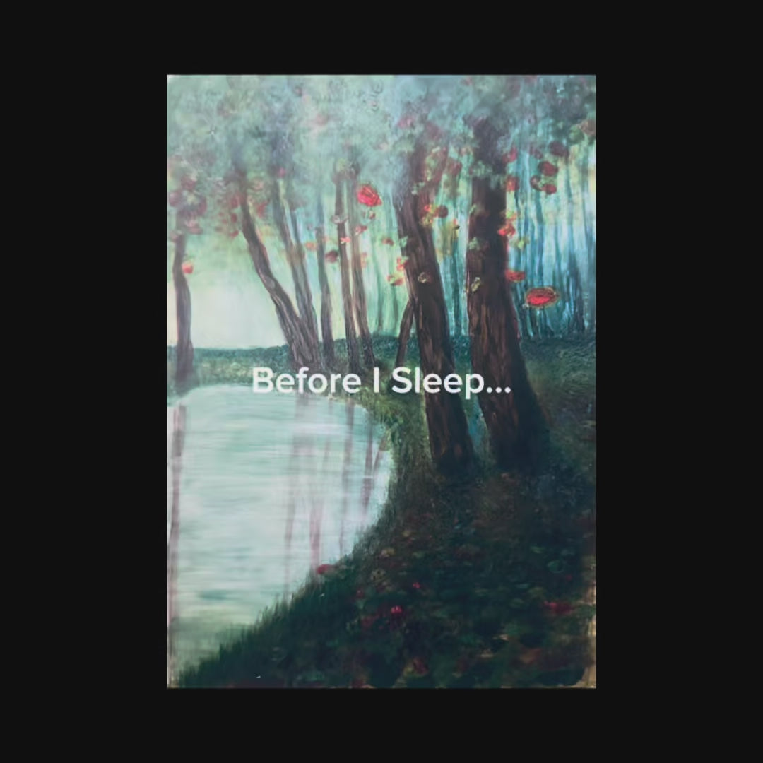 Contemporary forest painting inspired by Robert Frost, showing dark woods, calm water, and suspended leaves in a quiet moment of reflection