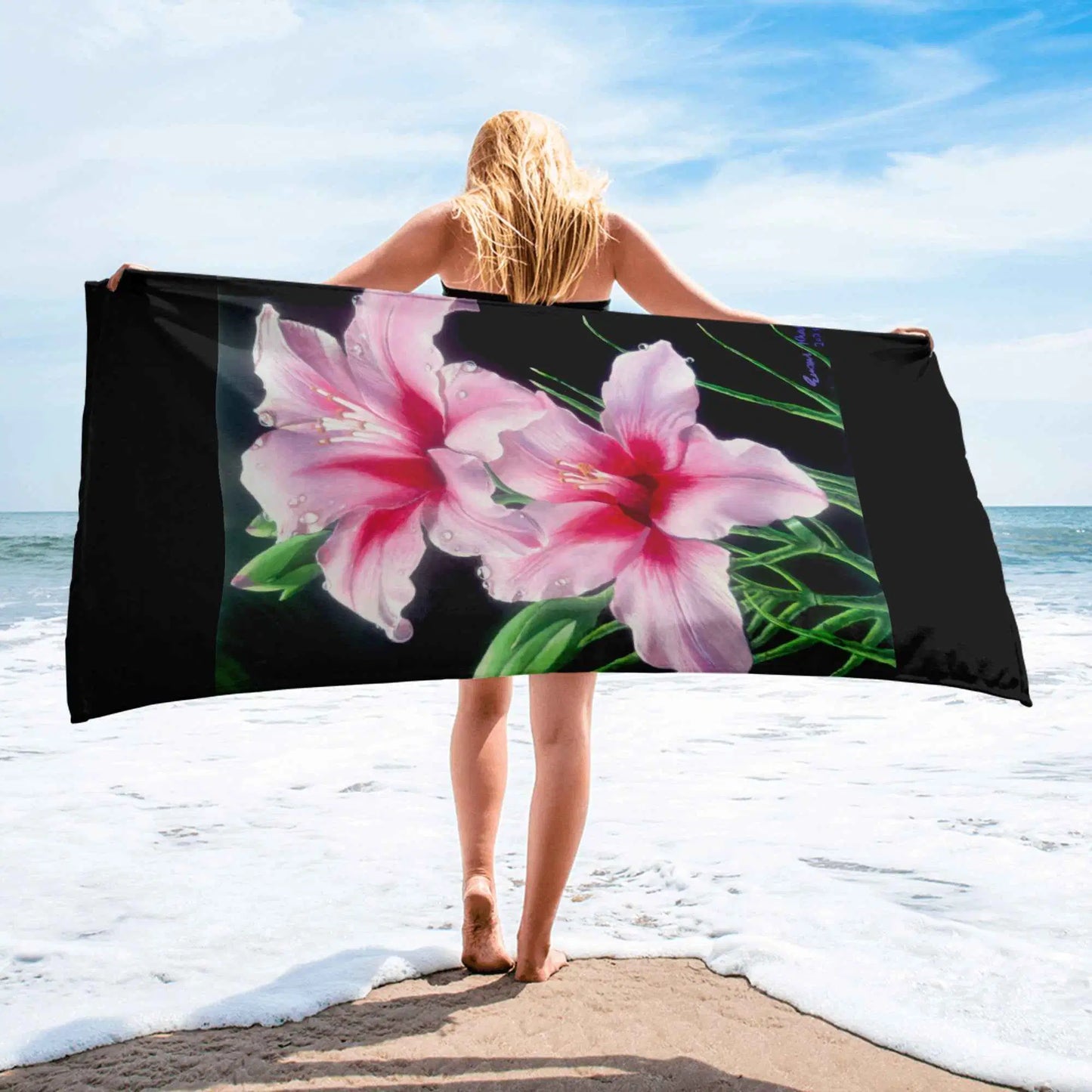 Towel - Desire - Pink Lily Floral Realism on Black