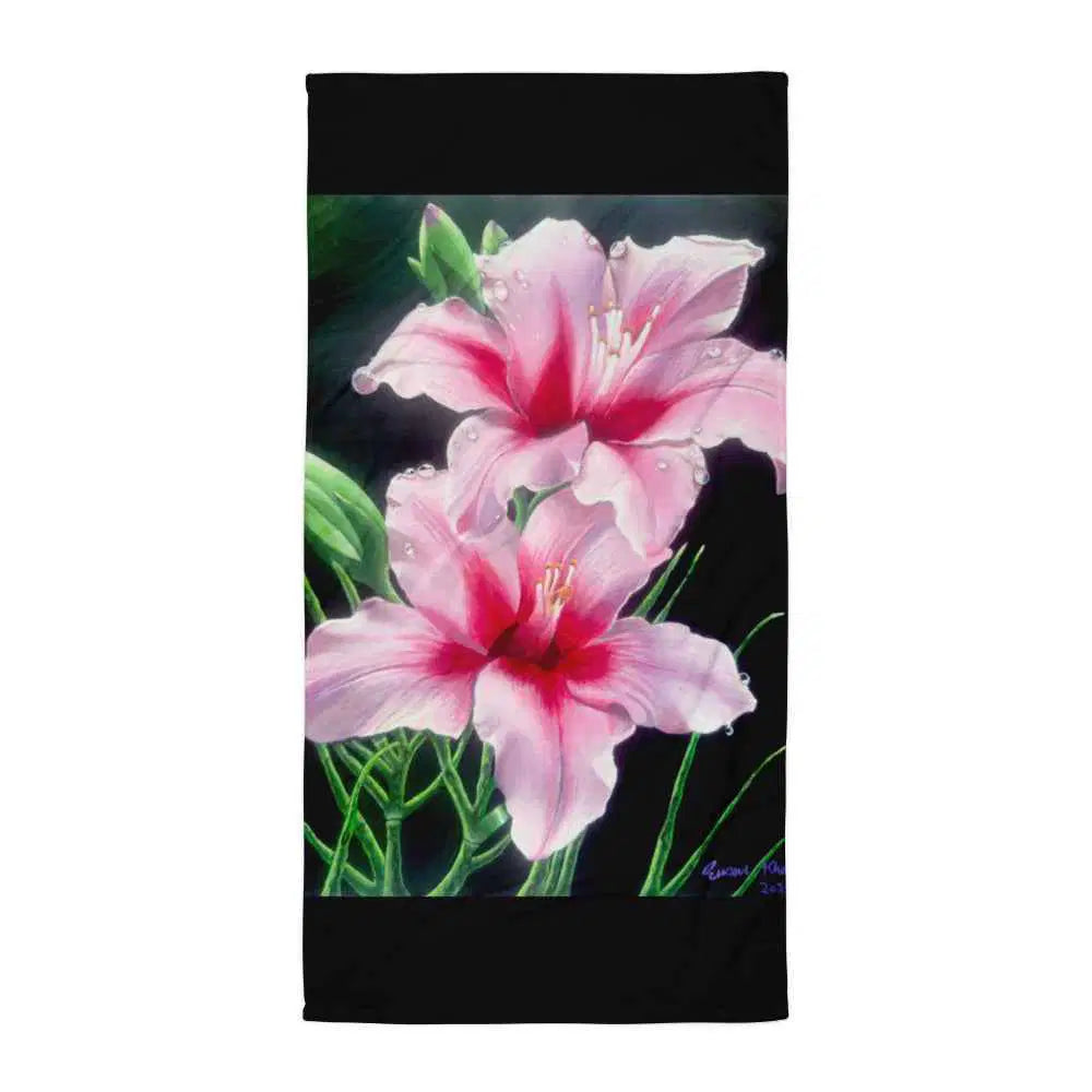 Towel - Desire - Pink Lily Floral Realism on Black