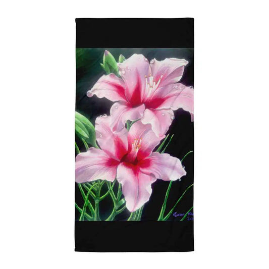 Towel - Desire - Pink Lily Floral Realism on Black