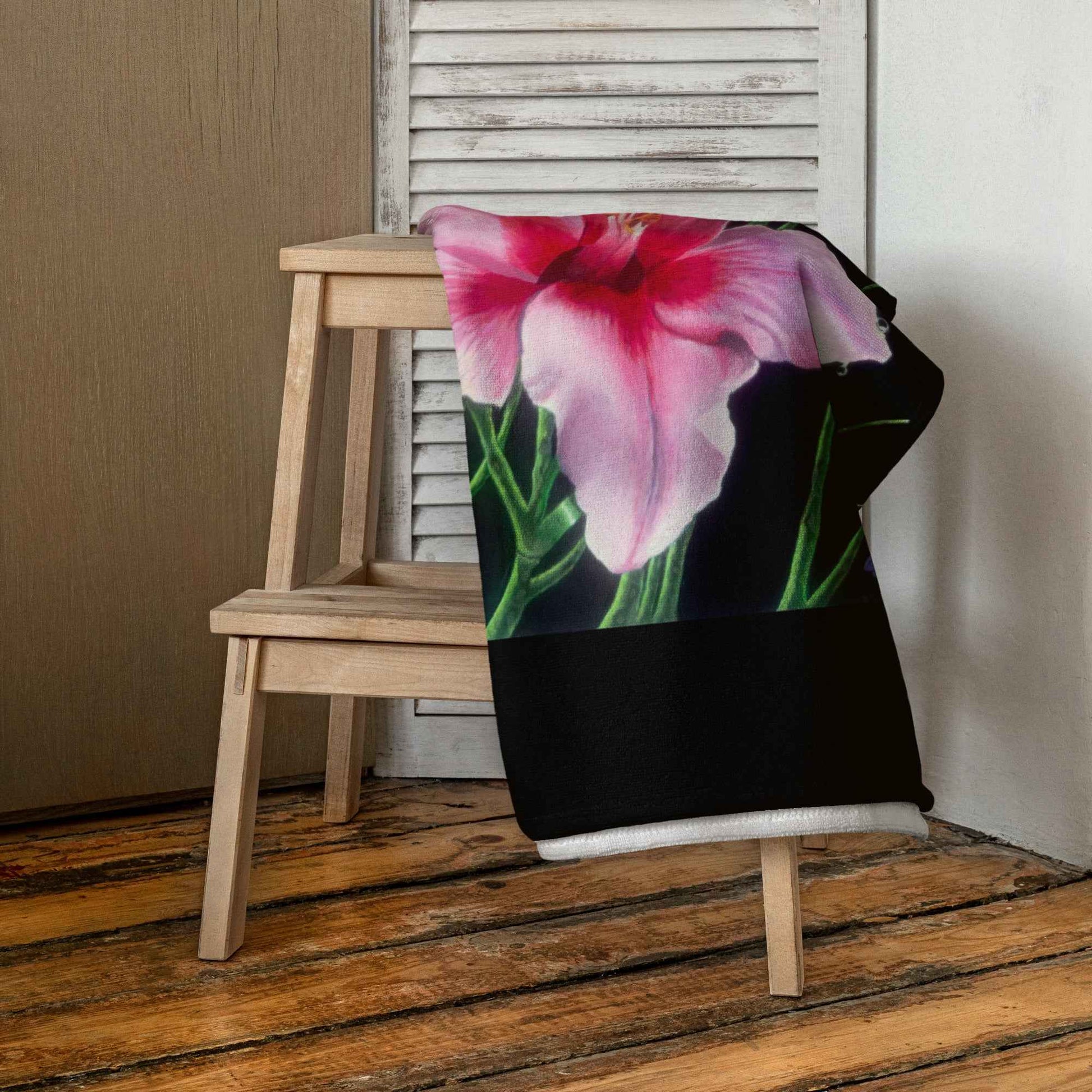 Towel - Desire - Pink Lily Floral Realism on Black