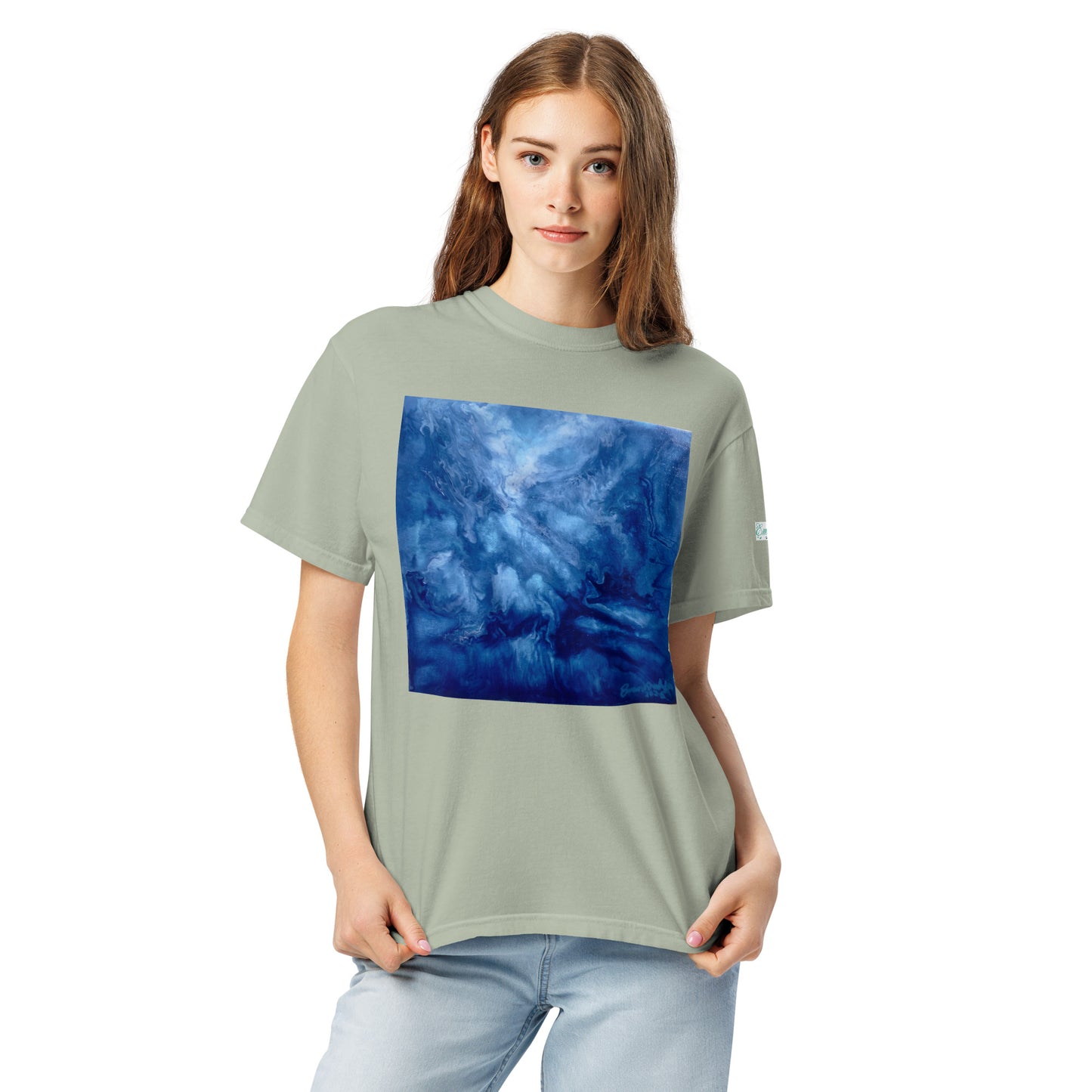 Graphic sweatshirt printed with storm‑blue acrylic pour from ‘Thunder’