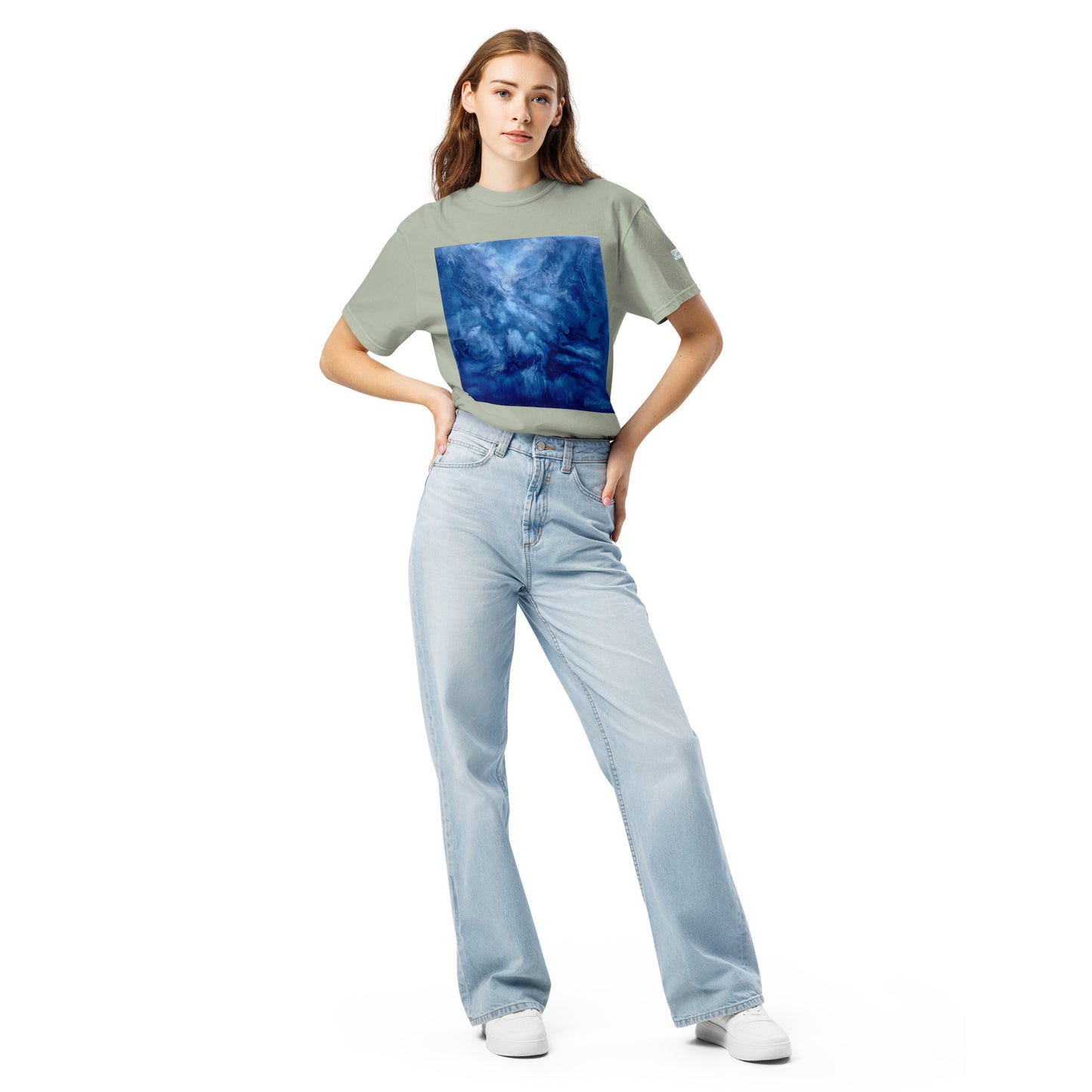 Graphic sweatshirt printed with storm‑blue acrylic pour from ‘Thunder’