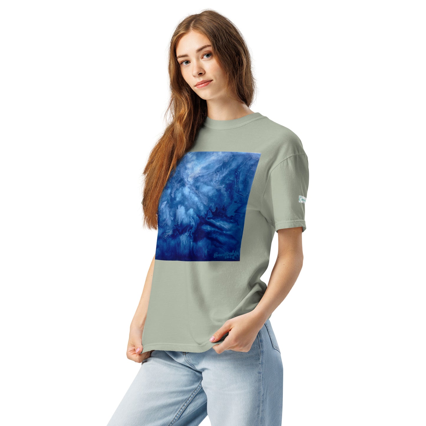 Graphic sweatshirt printed with storm‑blue acrylic pour from ‘Thunder’