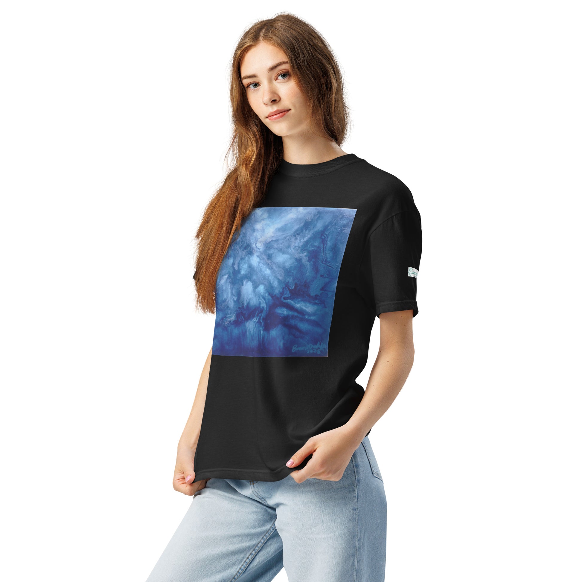 Graphic sweatshirt printed with storm‑blue acrylic pour from ‘Thunder’