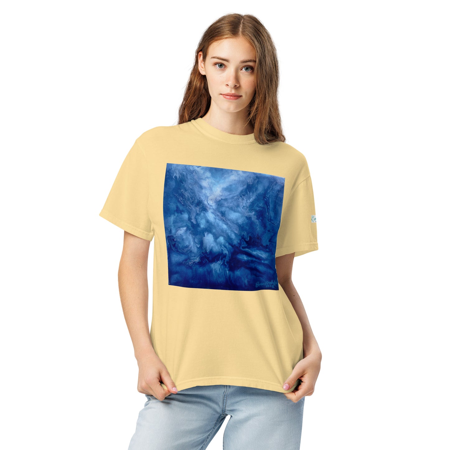 Graphic sweatshirt printed with storm‑blue acrylic pour from ‘Thunder’