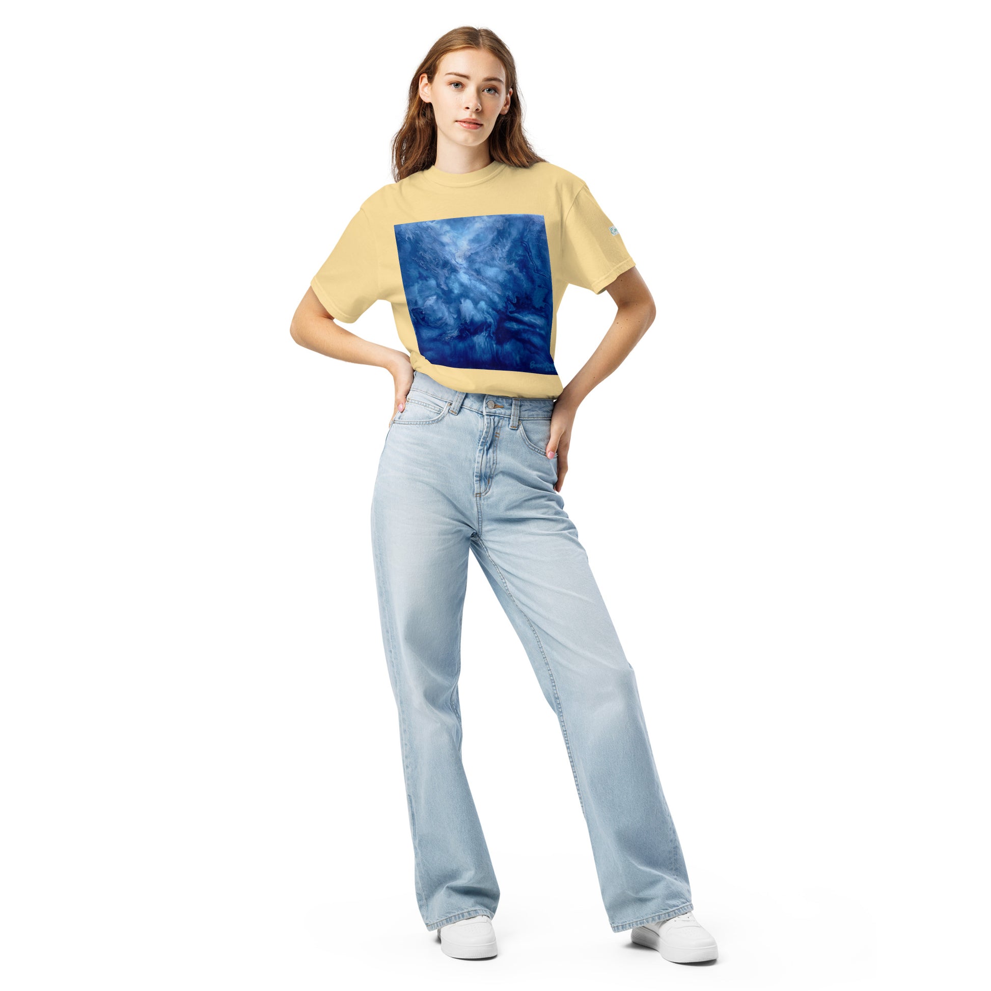 Graphic sweatshirt printed with storm‑blue acrylic pour from ‘Thunder’