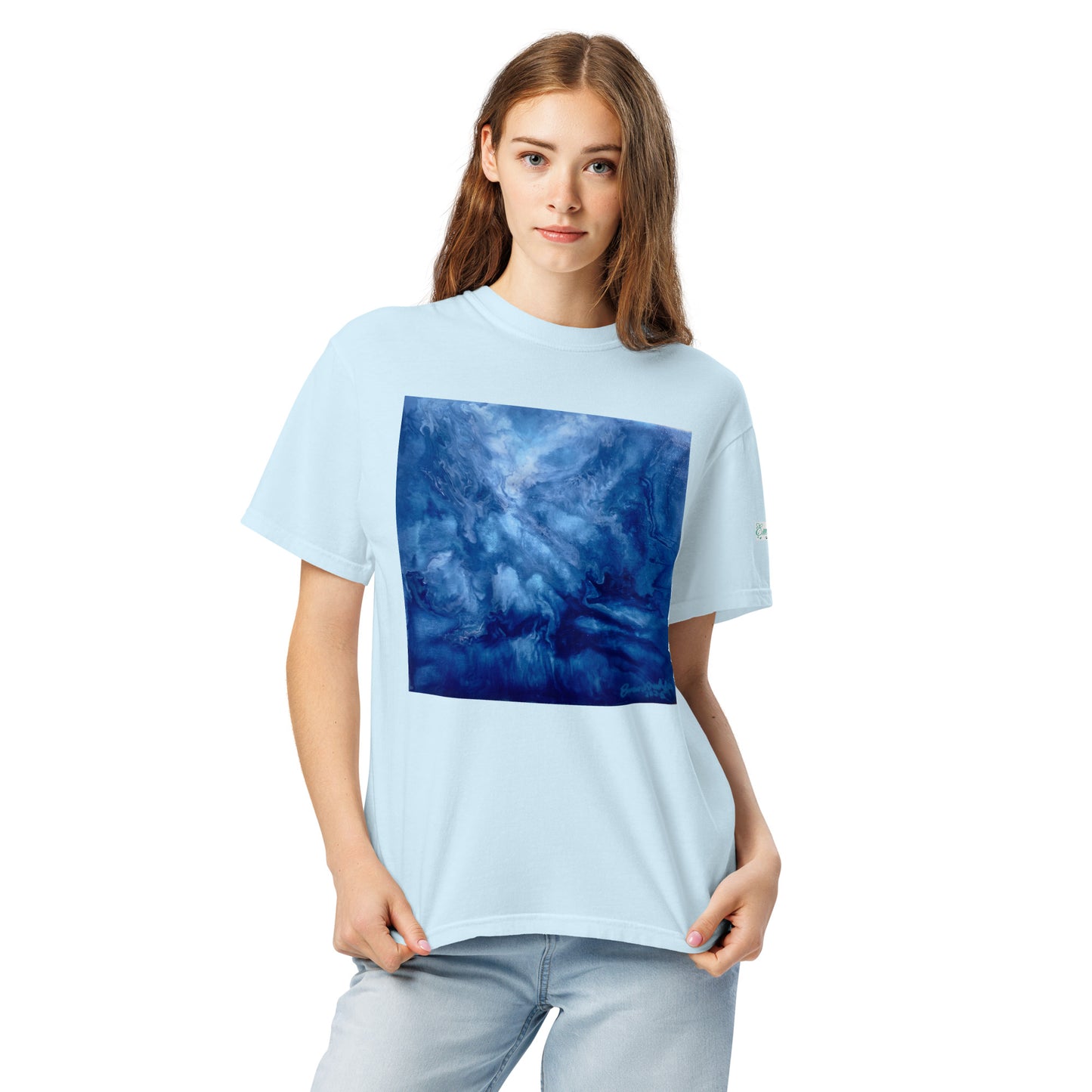 Graphic sweatshirt printed with storm‑blue acrylic pour from ‘Thunder’