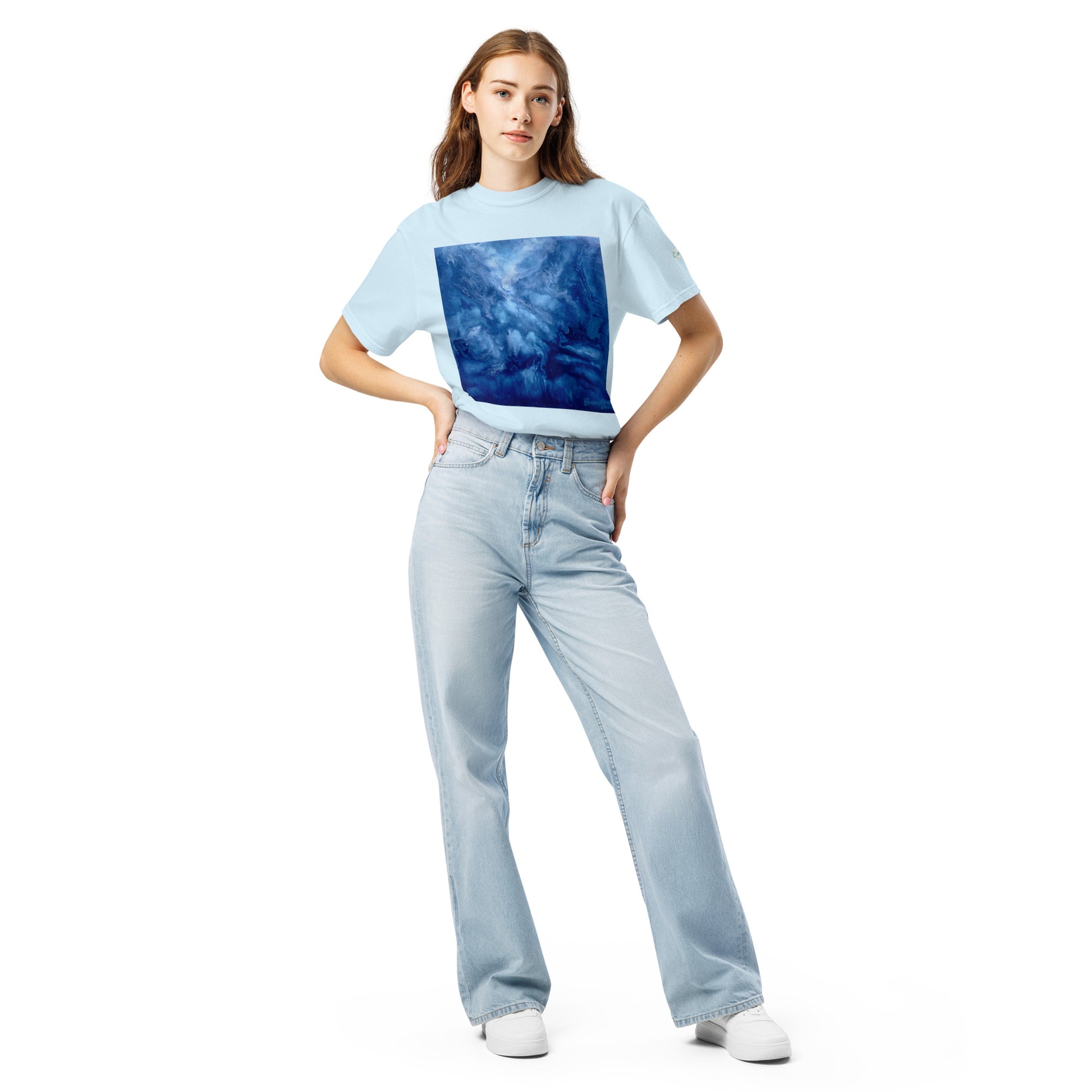 Graphic sweatshirt printed with storm‑blue acrylic pour from ‘Thunder’