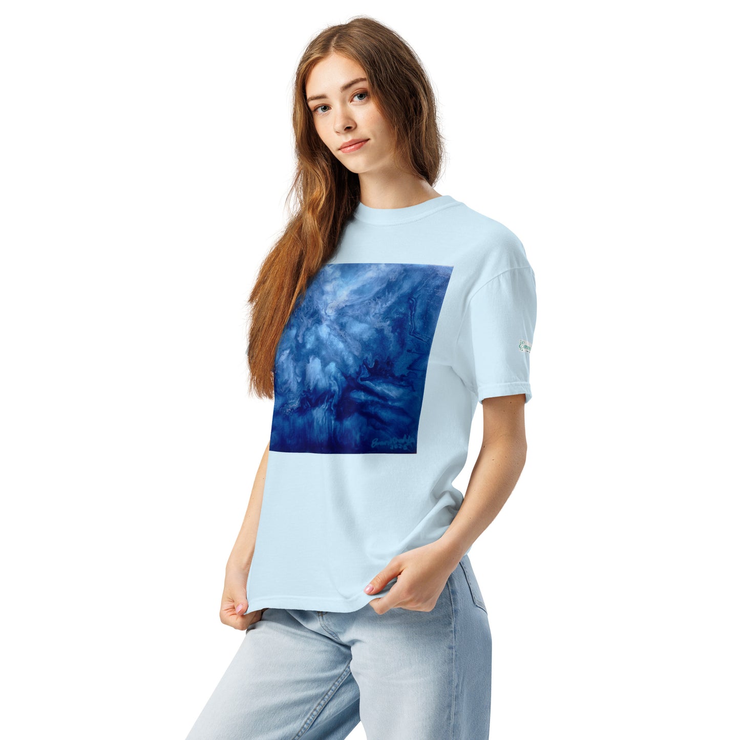 Graphic sweatshirt printed with storm‑blue acrylic pour from ‘Thunder’