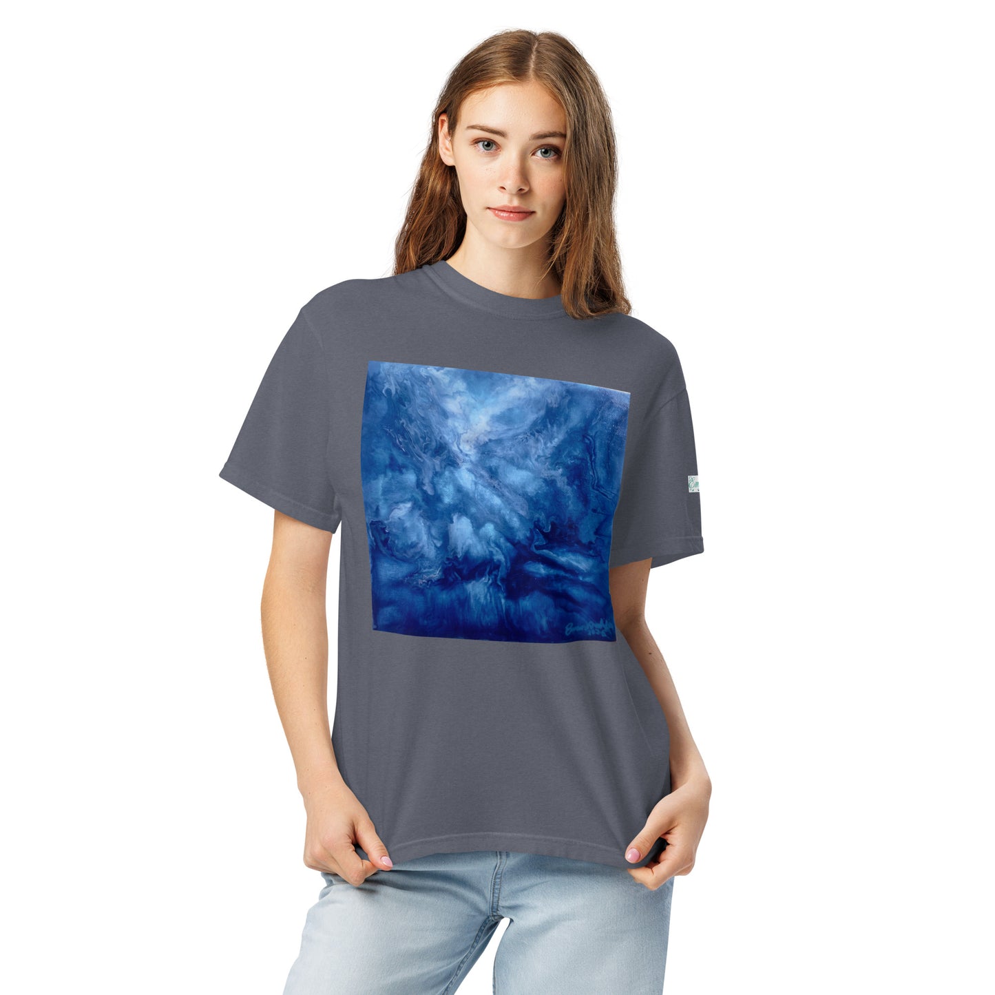 Graphic sweatshirt printed with storm‑blue acrylic pour from ‘Thunder’