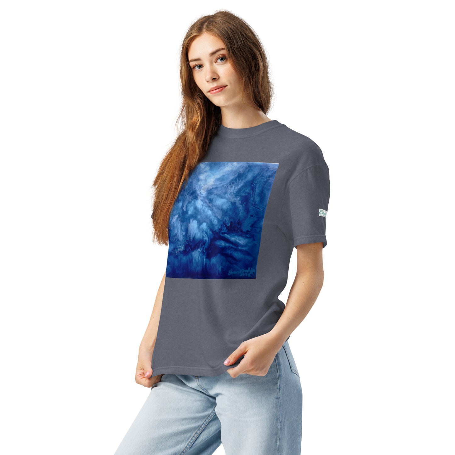 Graphic sweatshirt printed with storm‑blue acrylic pour from ‘Thunder’