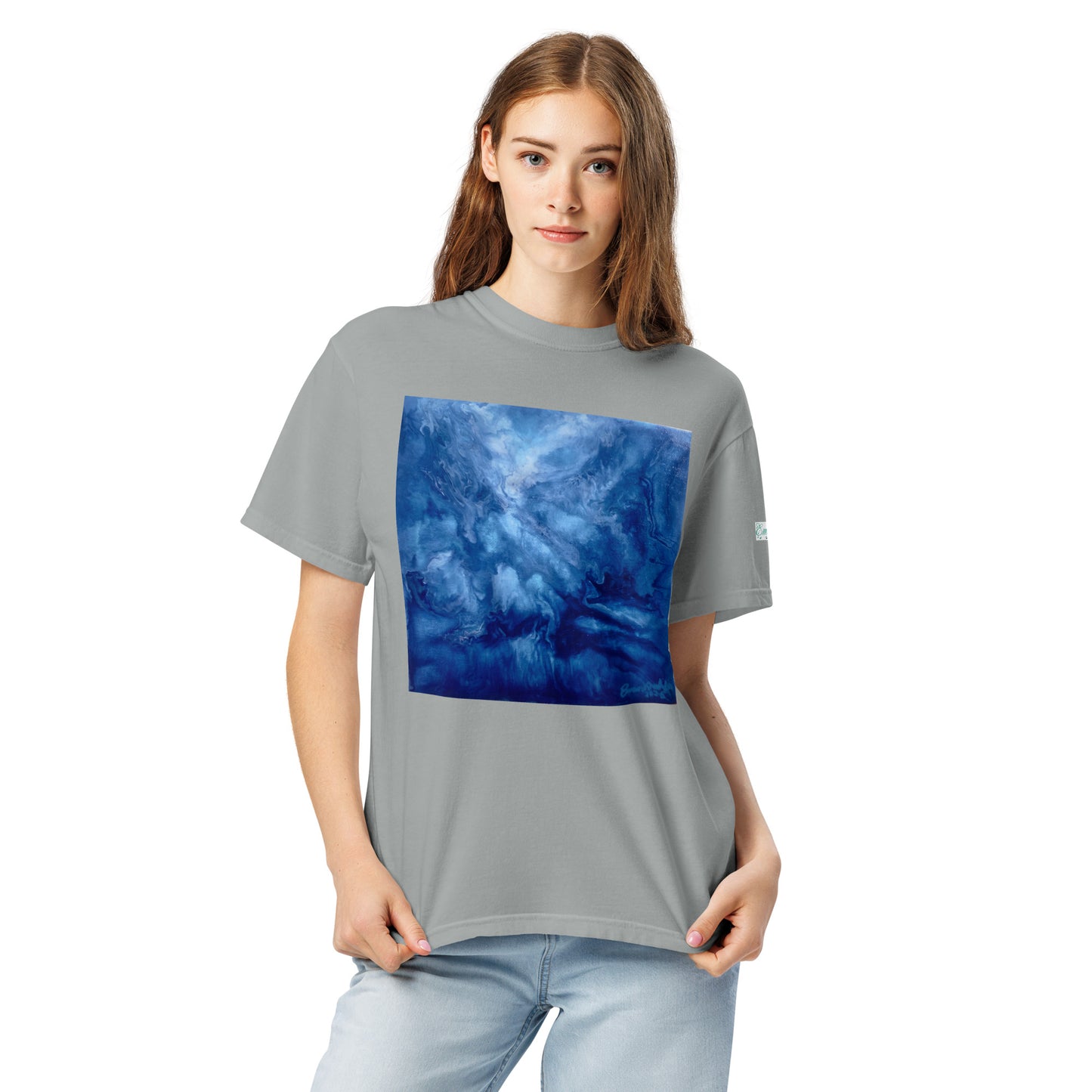 Graphic sweatshirt printed with storm‑blue acrylic pour from ‘Thunder’