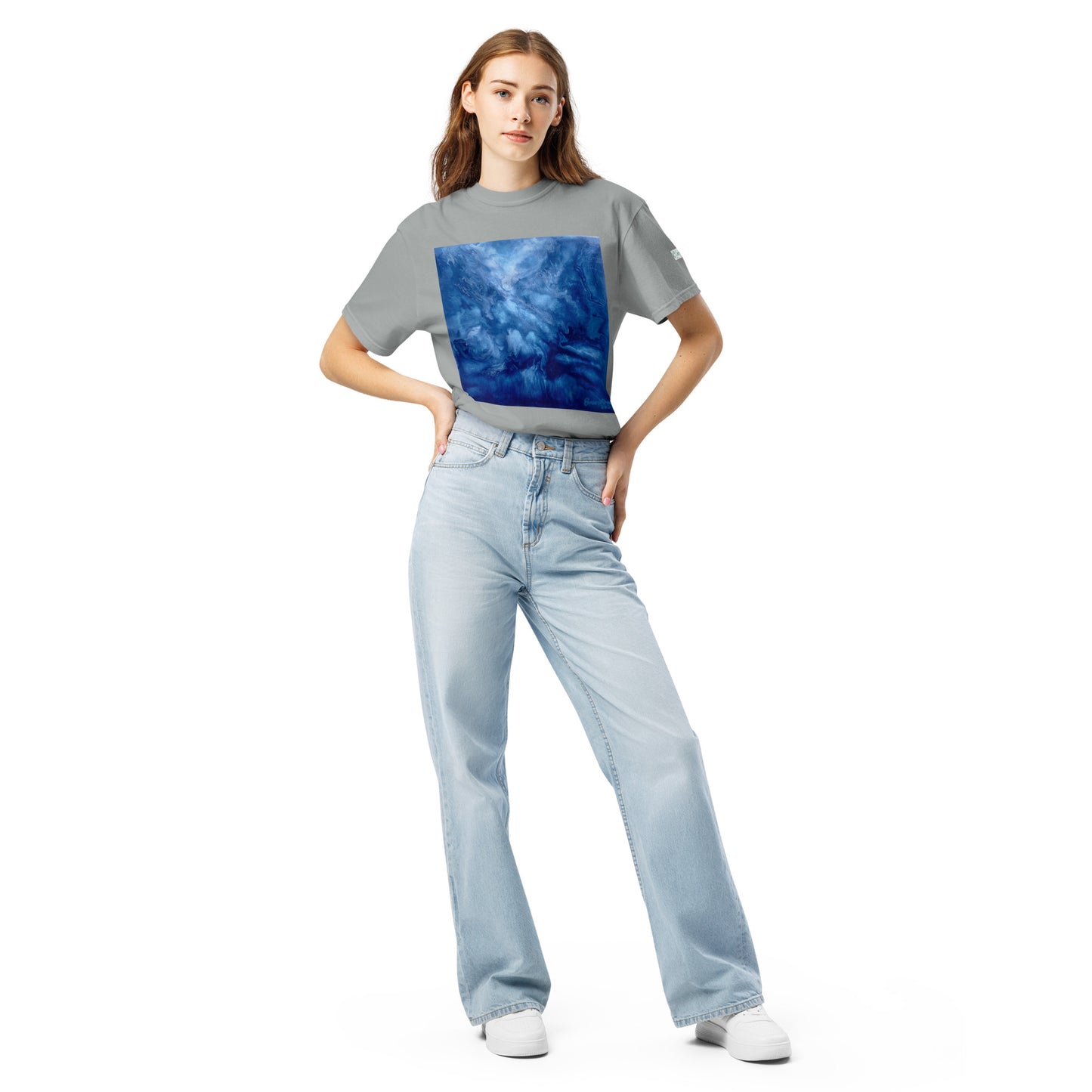 Graphic sweatshirt printed with storm‑blue acrylic pour from ‘Thunder’