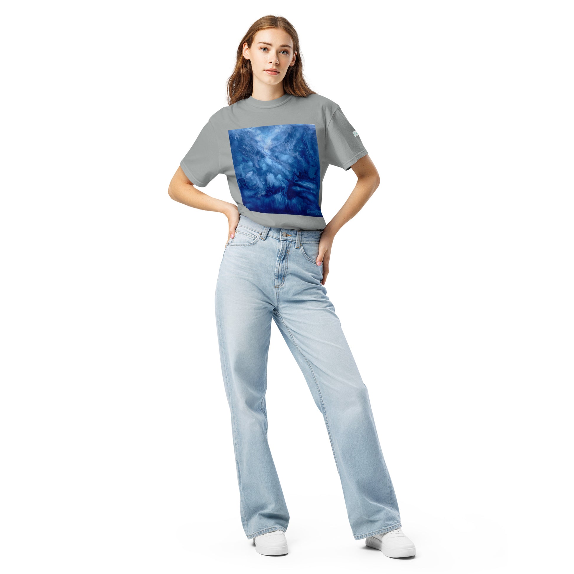 Graphic sweatshirt printed with storm‑blue acrylic pour from ‘Thunder’