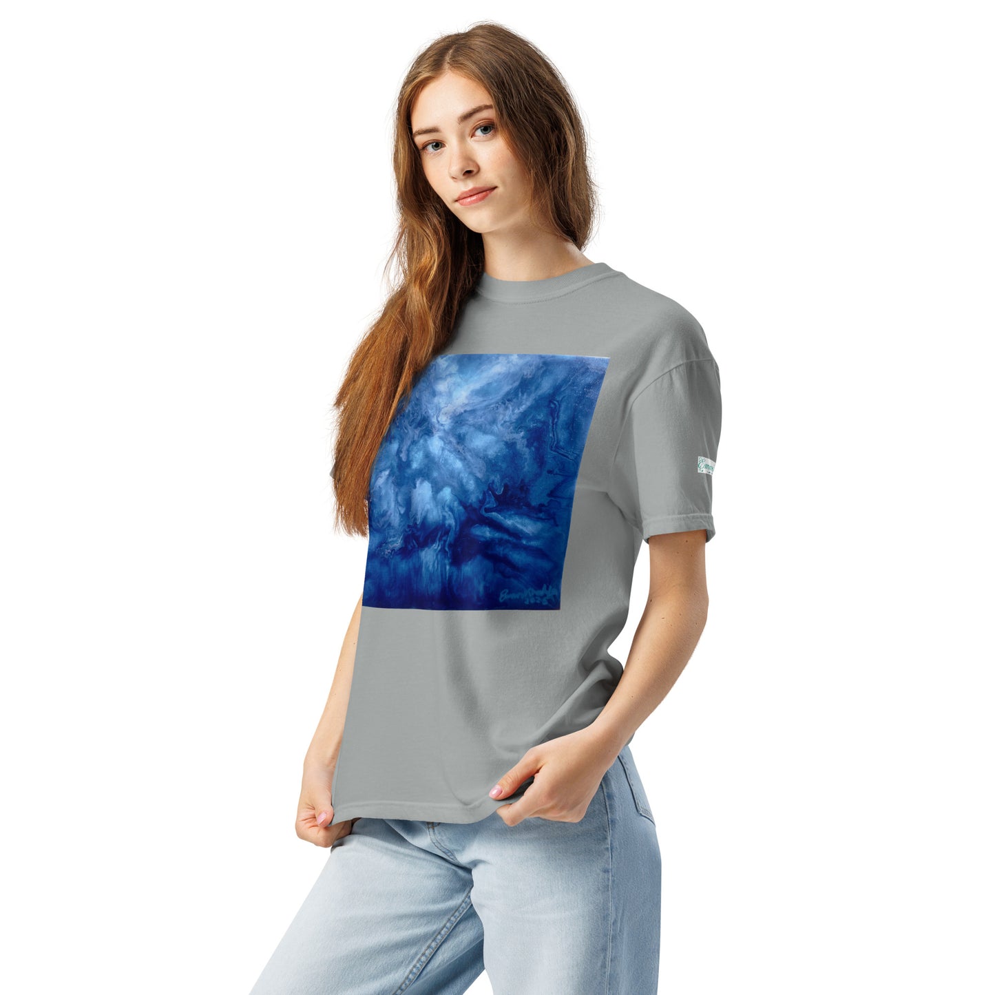 Graphic sweatshirt printed with storm‑blue acrylic pour from ‘Thunder’