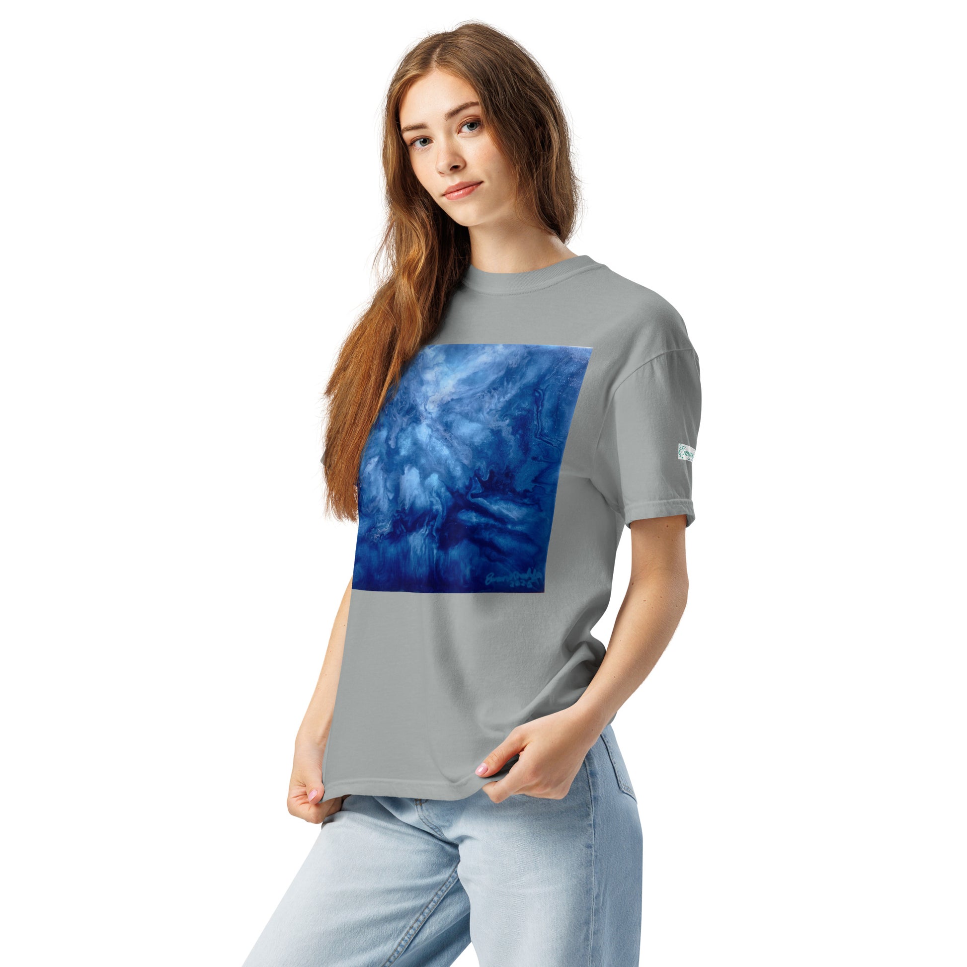 Graphic sweatshirt printed with storm‑blue acrylic pour from ‘Thunder’