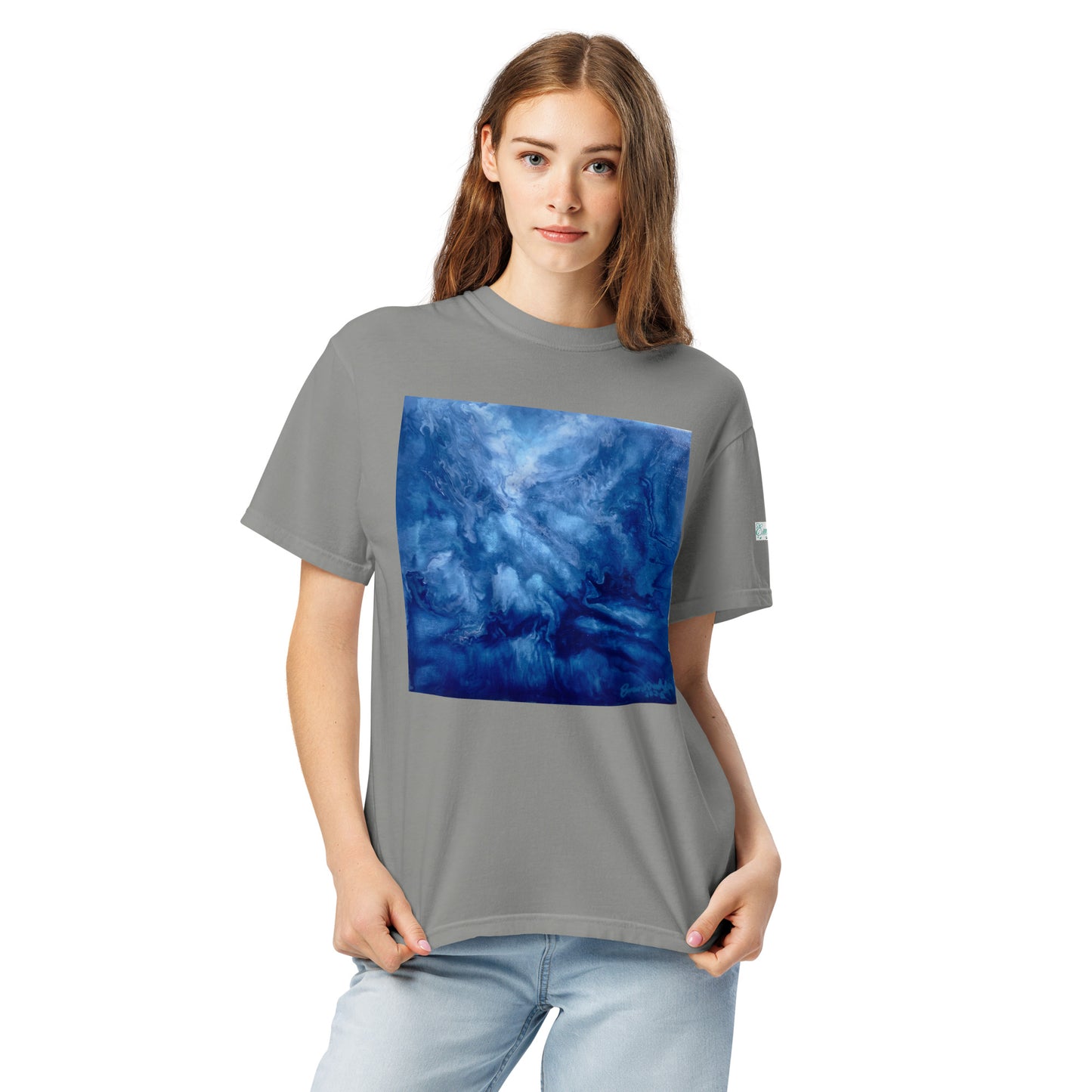 Graphic sweatshirt printed with storm‑blue acrylic pour from ‘Thunder’