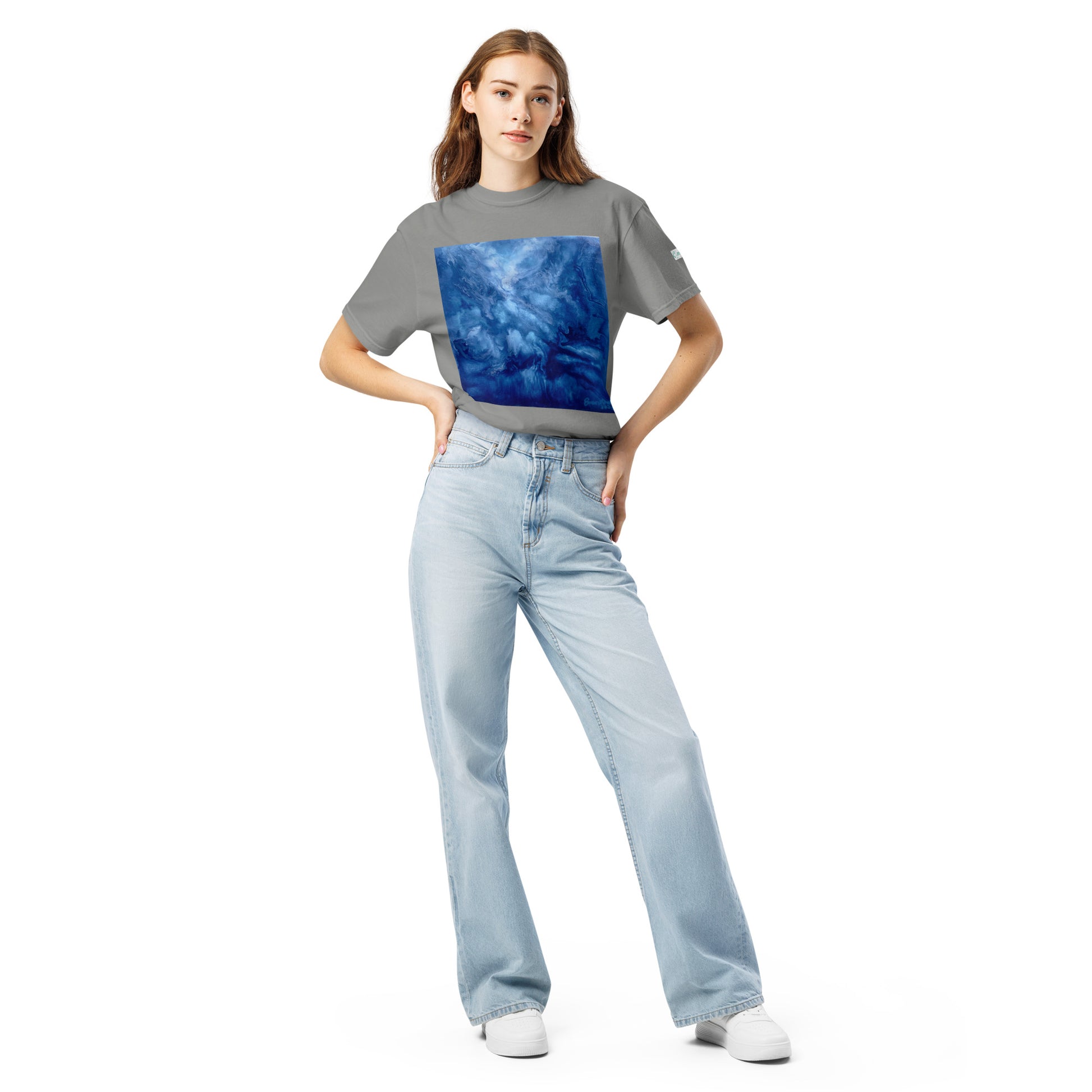 Graphic sweatshirt printed with storm‑blue acrylic pour from ‘Thunder’