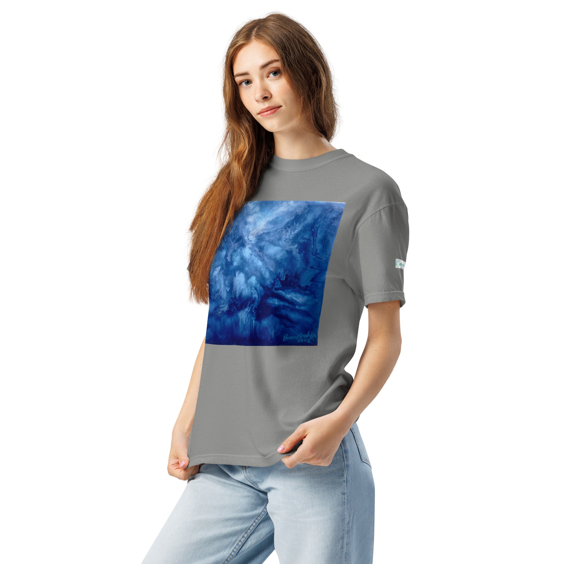 Graphic sweatshirt printed with storm‑blue acrylic pour from ‘Thunder’