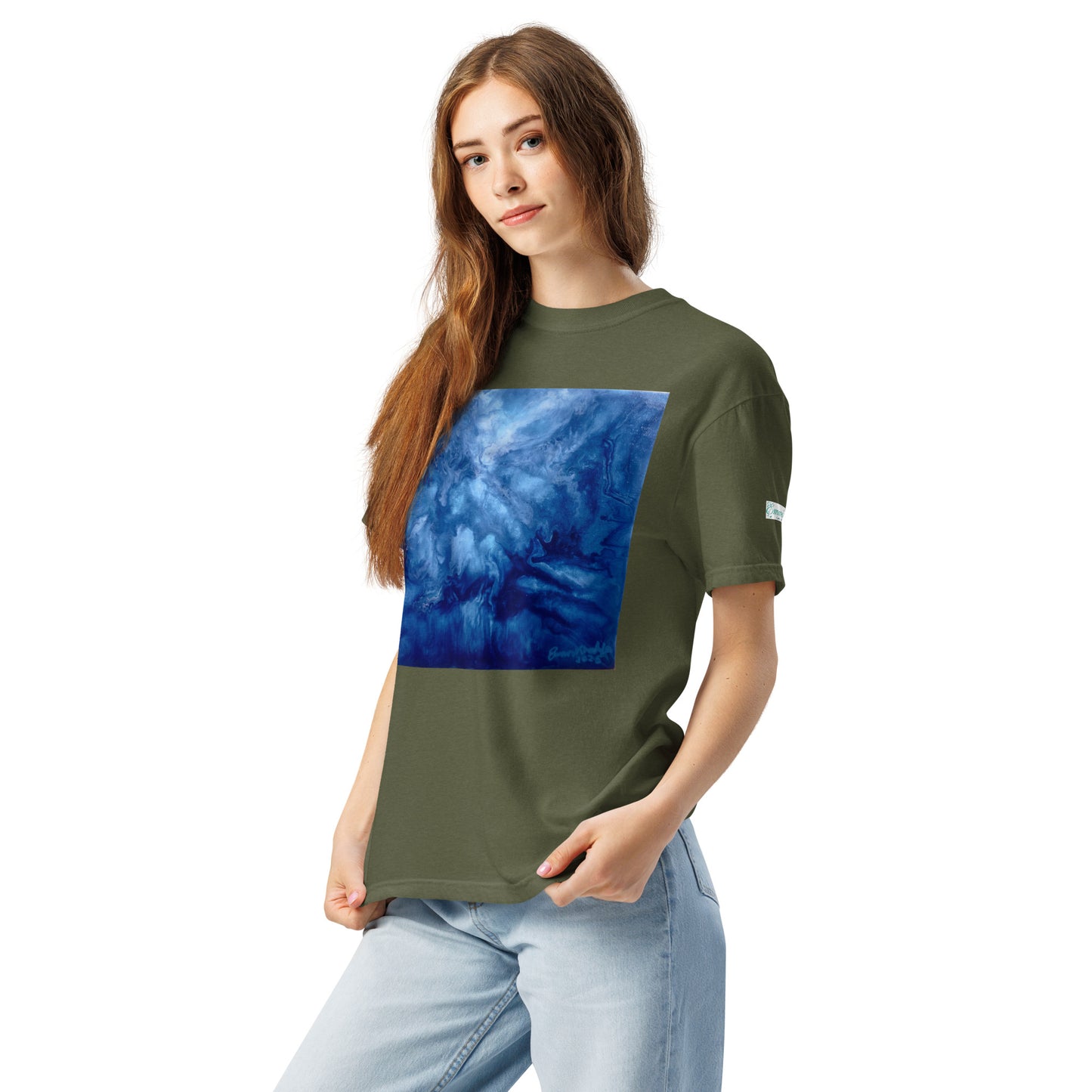 Graphic sweatshirt printed with storm‑blue acrylic pour from ‘Thunder’