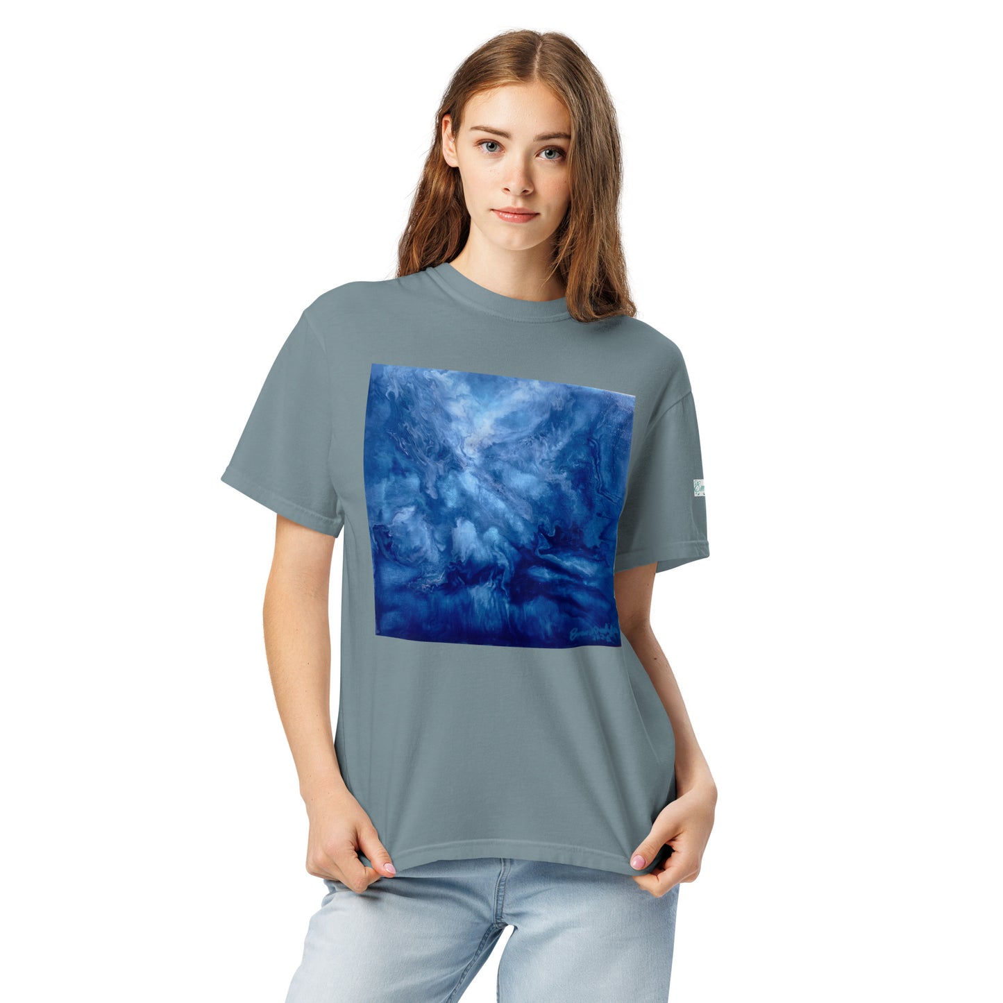 Graphic sweatshirt printed with storm‑blue acrylic pour from ‘Thunder’
