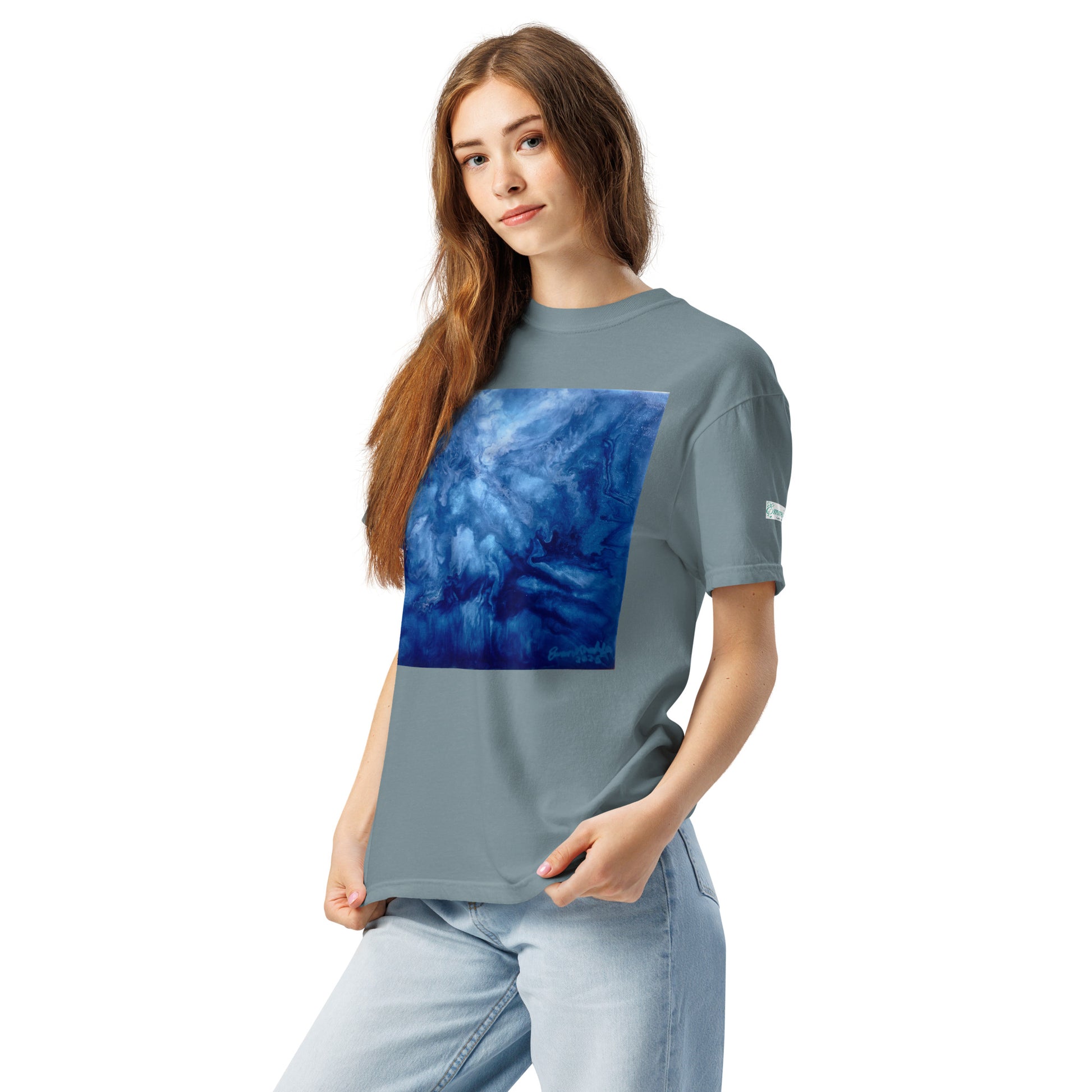 Graphic sweatshirt printed with storm‑blue acrylic pour from ‘Thunder’