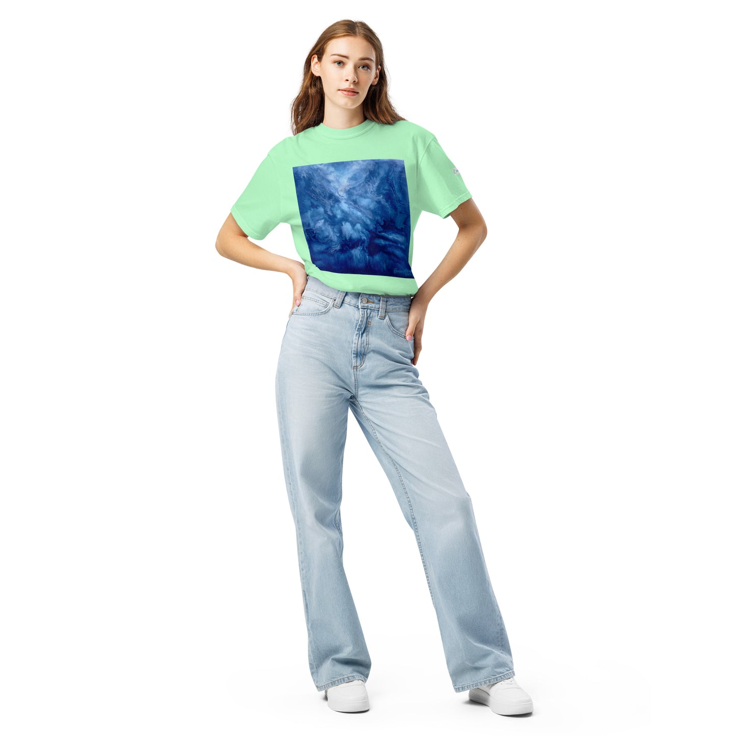 Graphic sweatshirt printed with storm‑blue acrylic pour from ‘Thunder’