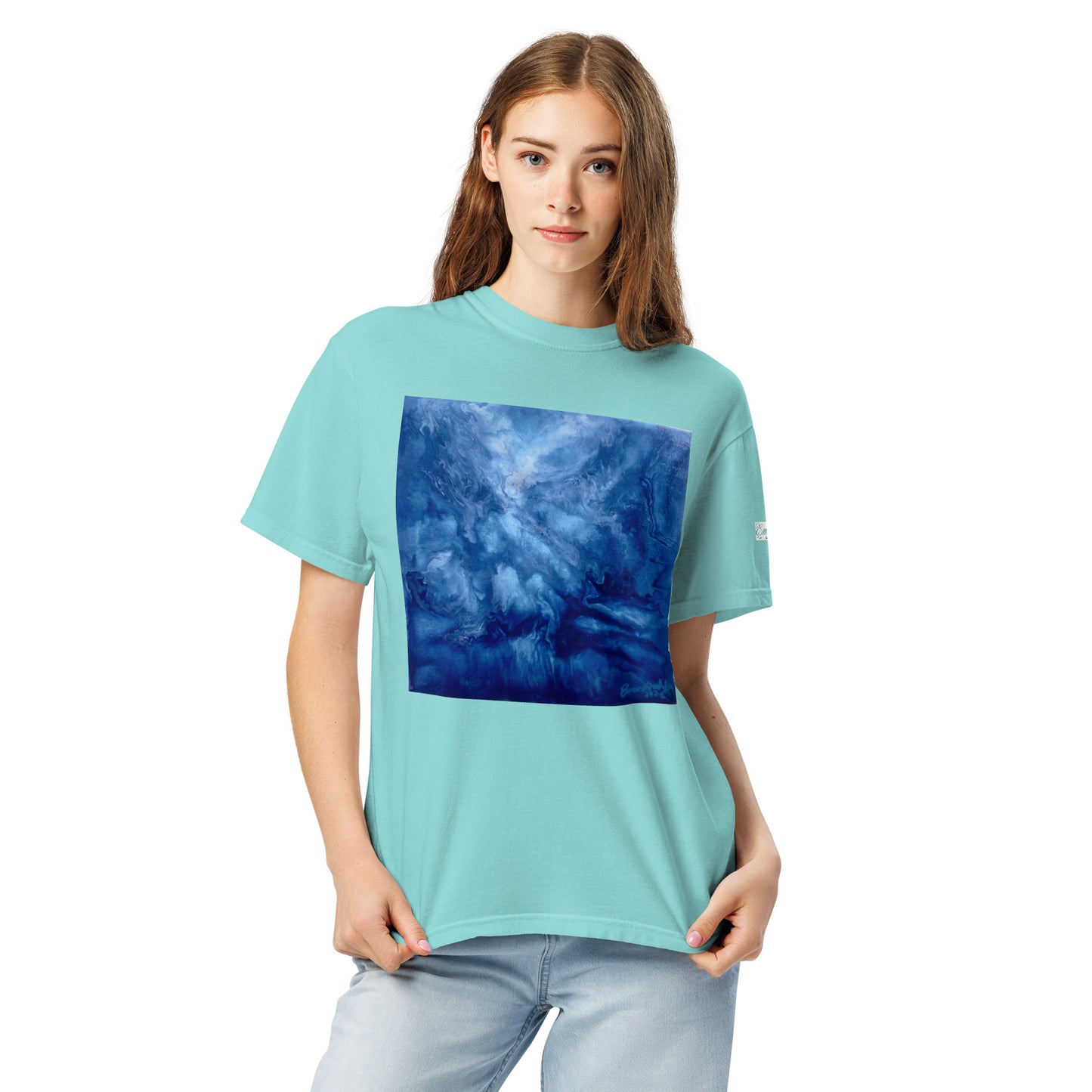 Graphic sweatshirt printed with storm‑blue acrylic pour from ‘Thunder’