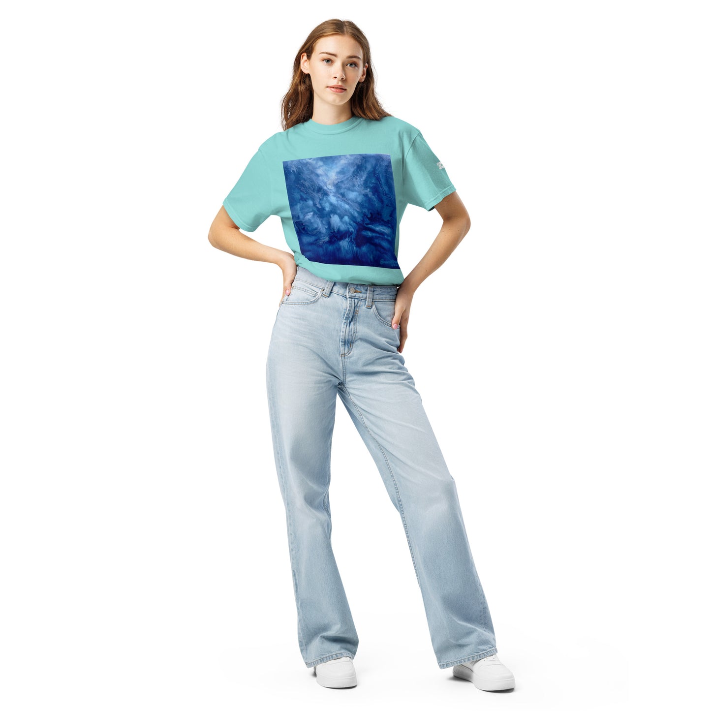 Graphic sweatshirt printed with storm‑blue acrylic pour from ‘Thunder’