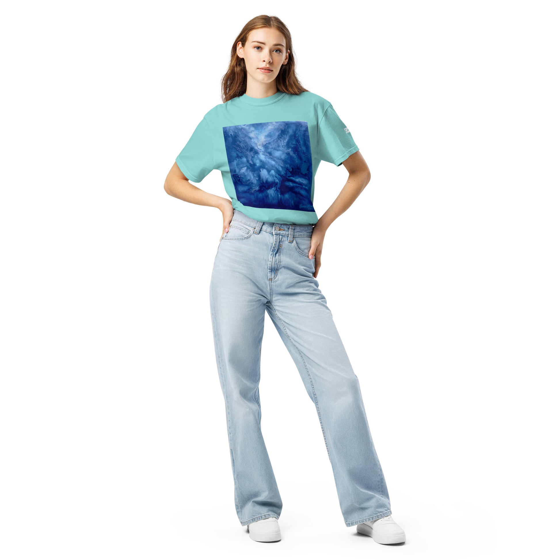 Graphic sweatshirt printed with storm‑blue acrylic pour from ‘Thunder’