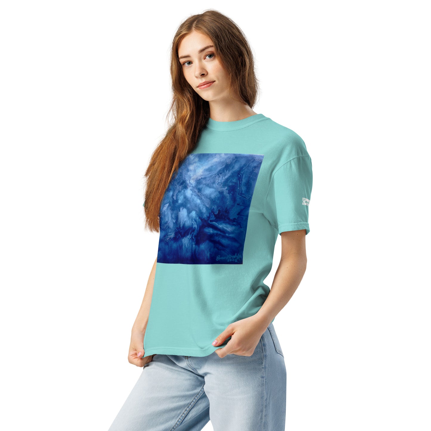 Graphic sweatshirt printed with storm‑blue acrylic pour from ‘Thunder’