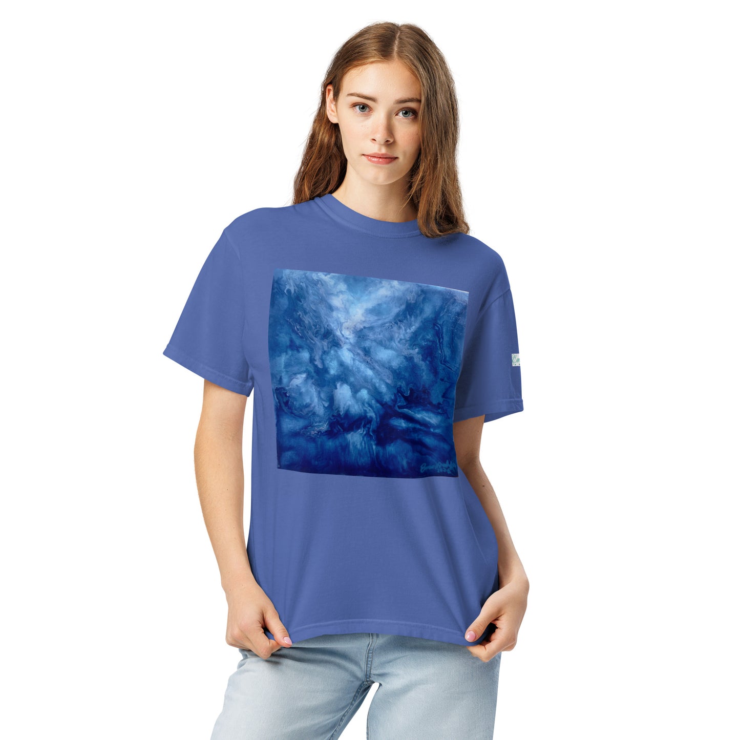 Graphic sweatshirt printed with storm‑blue acrylic pour from ‘Thunder’