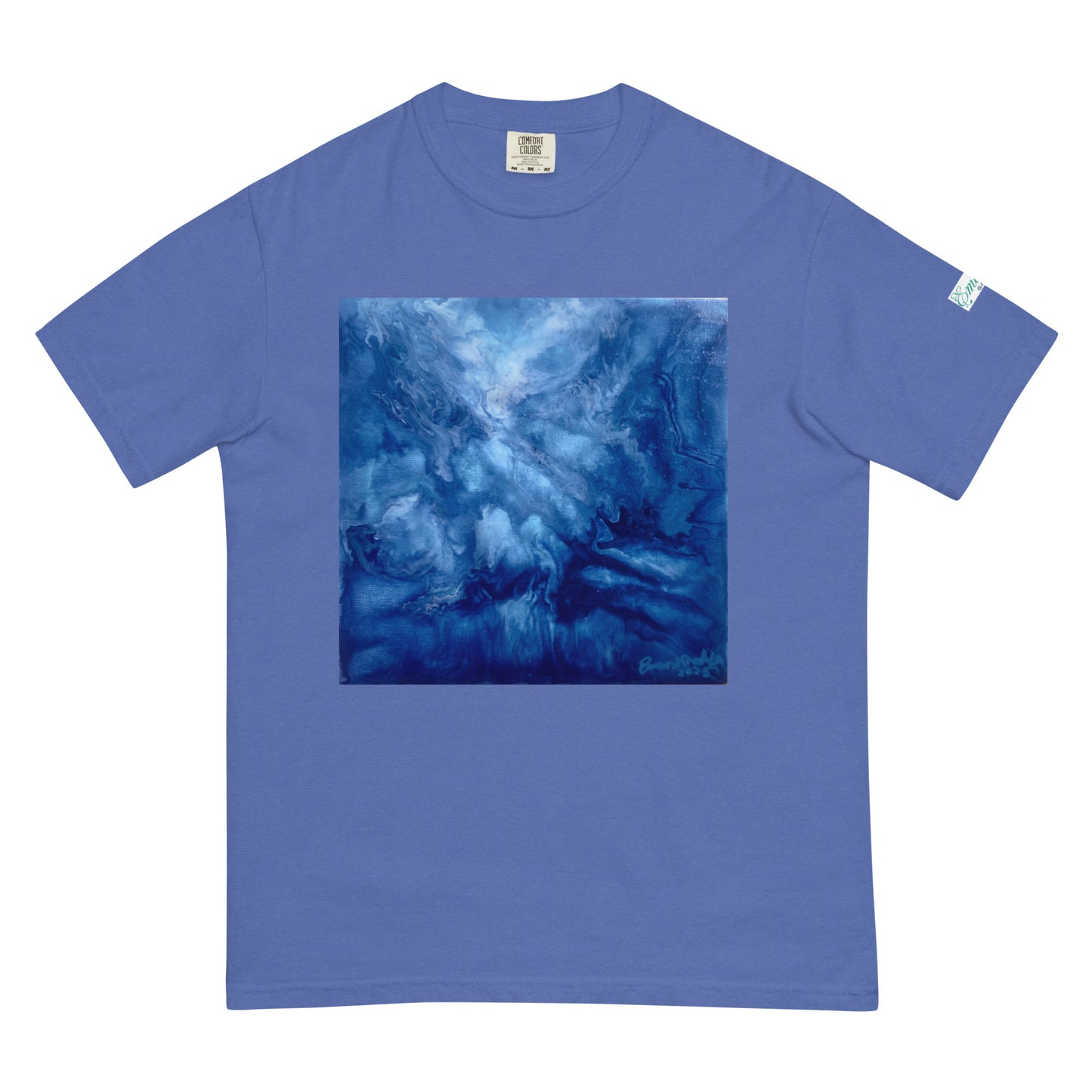 Graphic sweatshirt printed with storm‑blue acrylic pour from ‘Thunder’